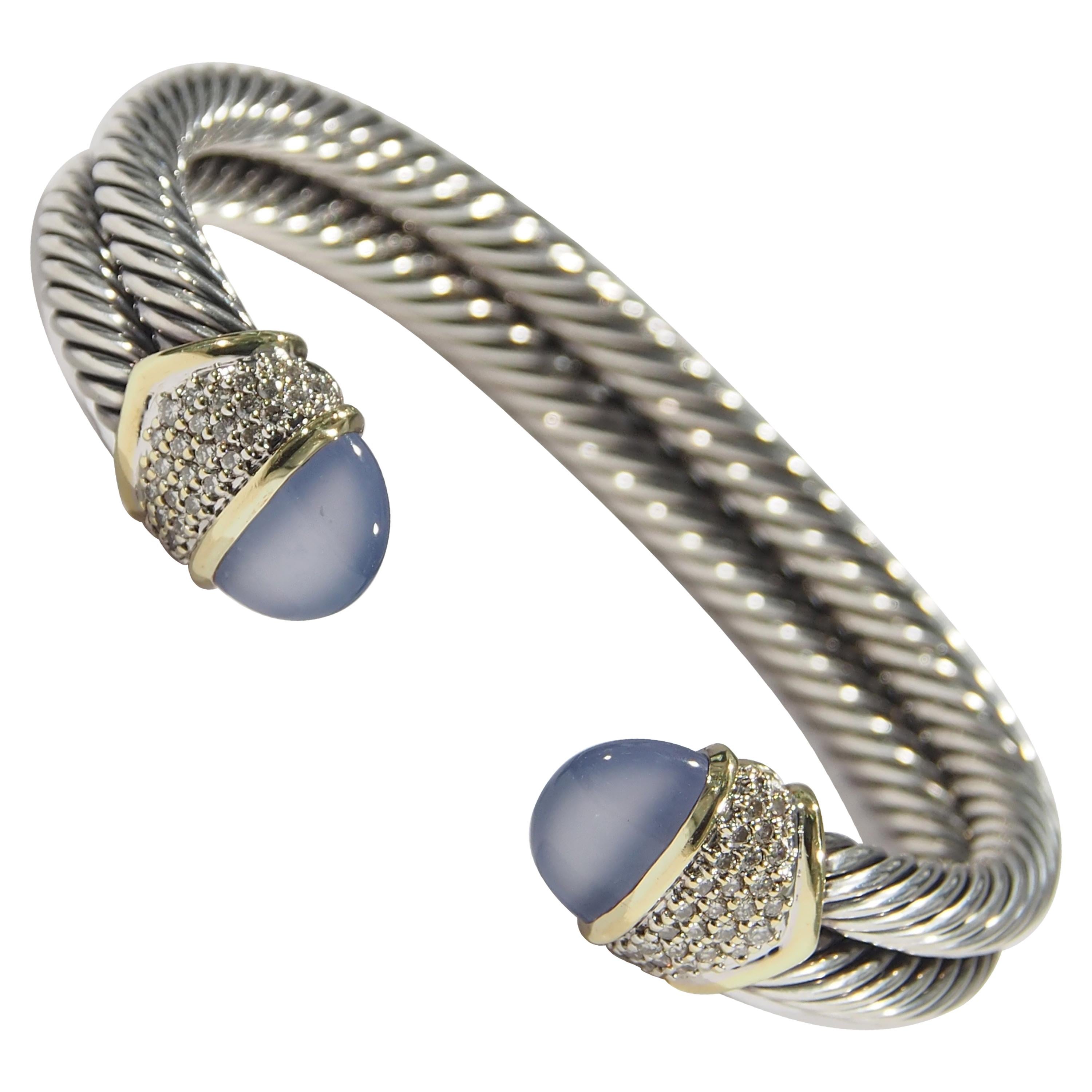 14 Karat David Yurman Diamond Bracelet Chalcedony Cabochon Cable
