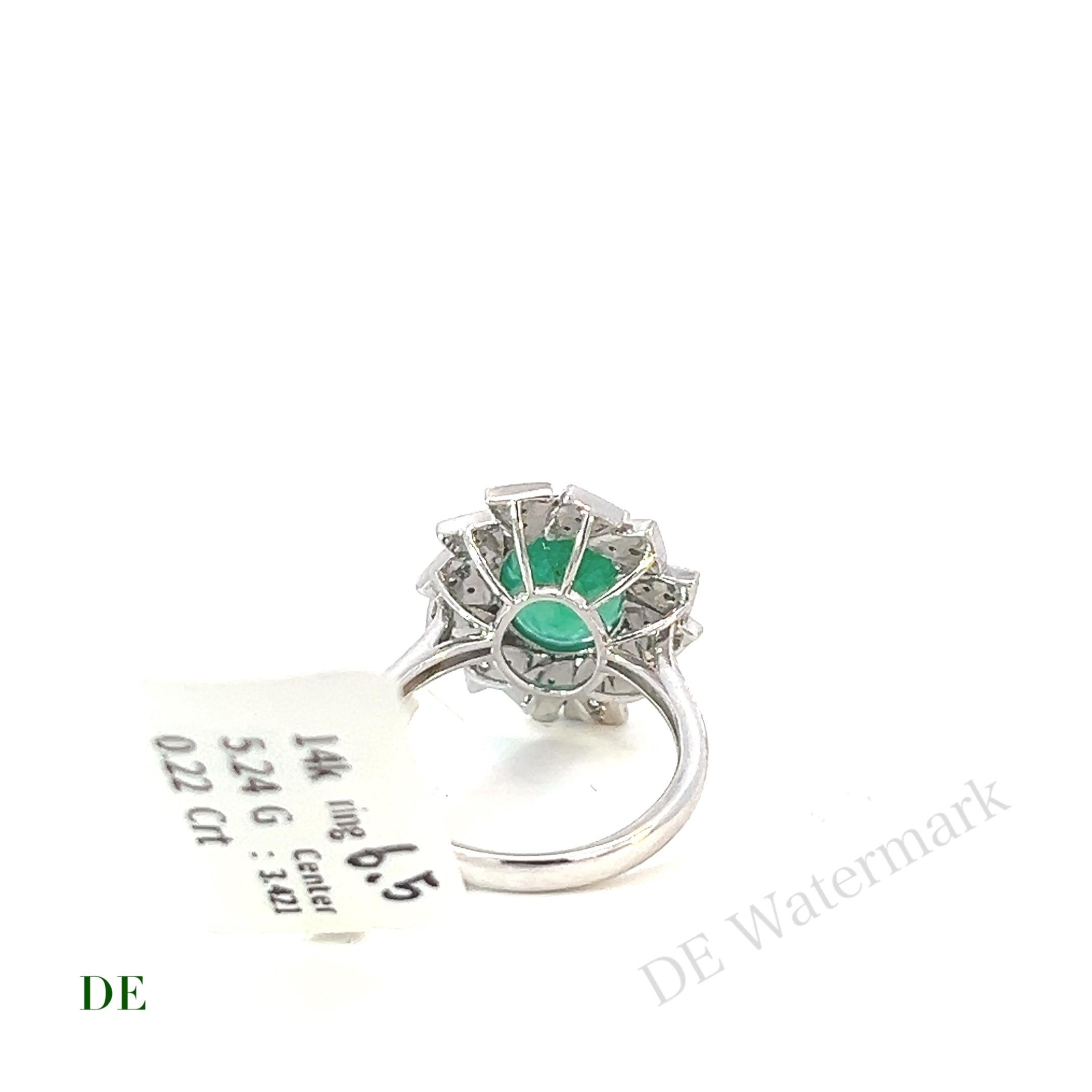 Oval Cut 14k Deco 3.42 Carat Emerald .22 Carat Diamond Engagement Statement Cocktail Ring