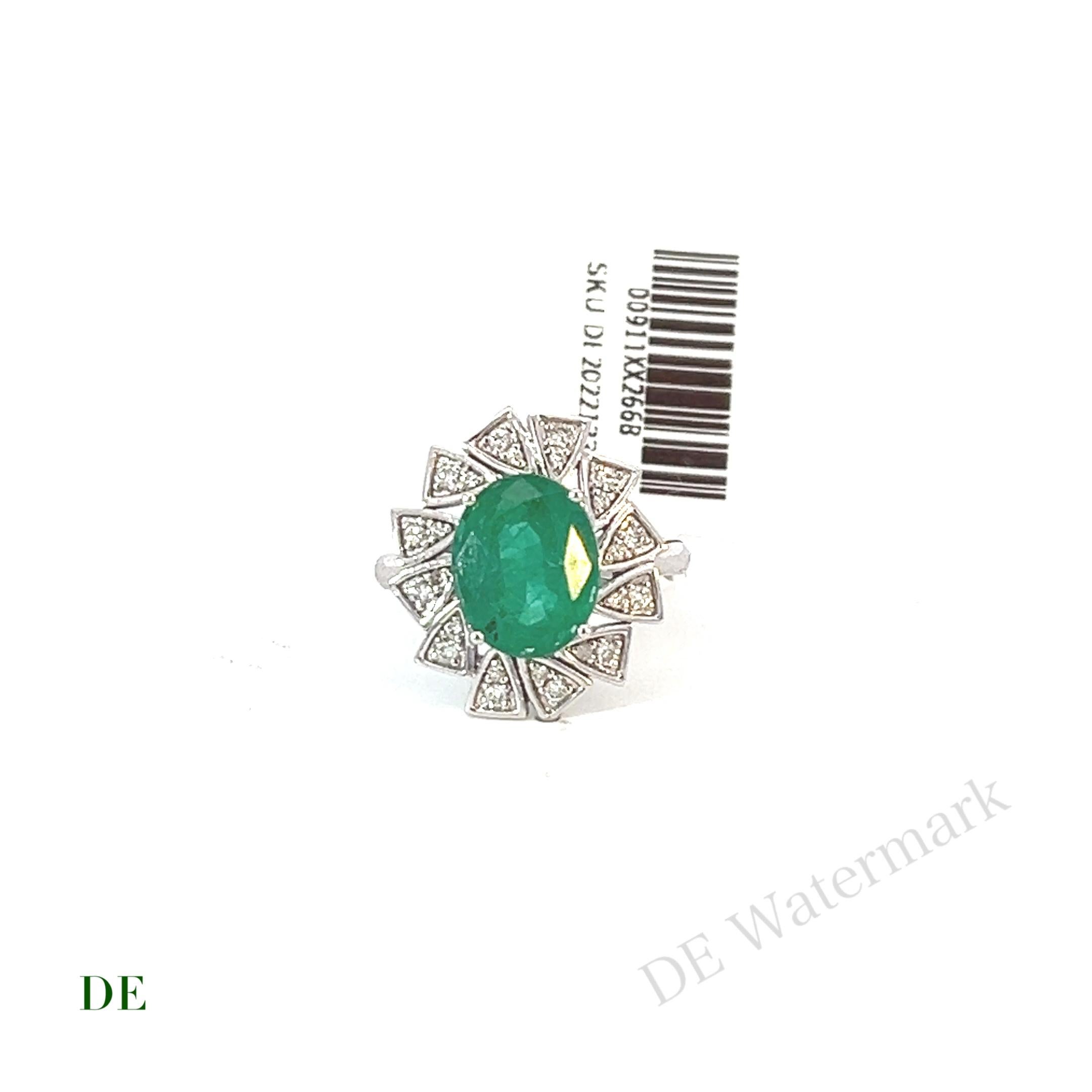Women's or Men's 14k Deco 3.42 Carat Emerald .22 Carat Diamond Engagement Statement Cocktail Ring