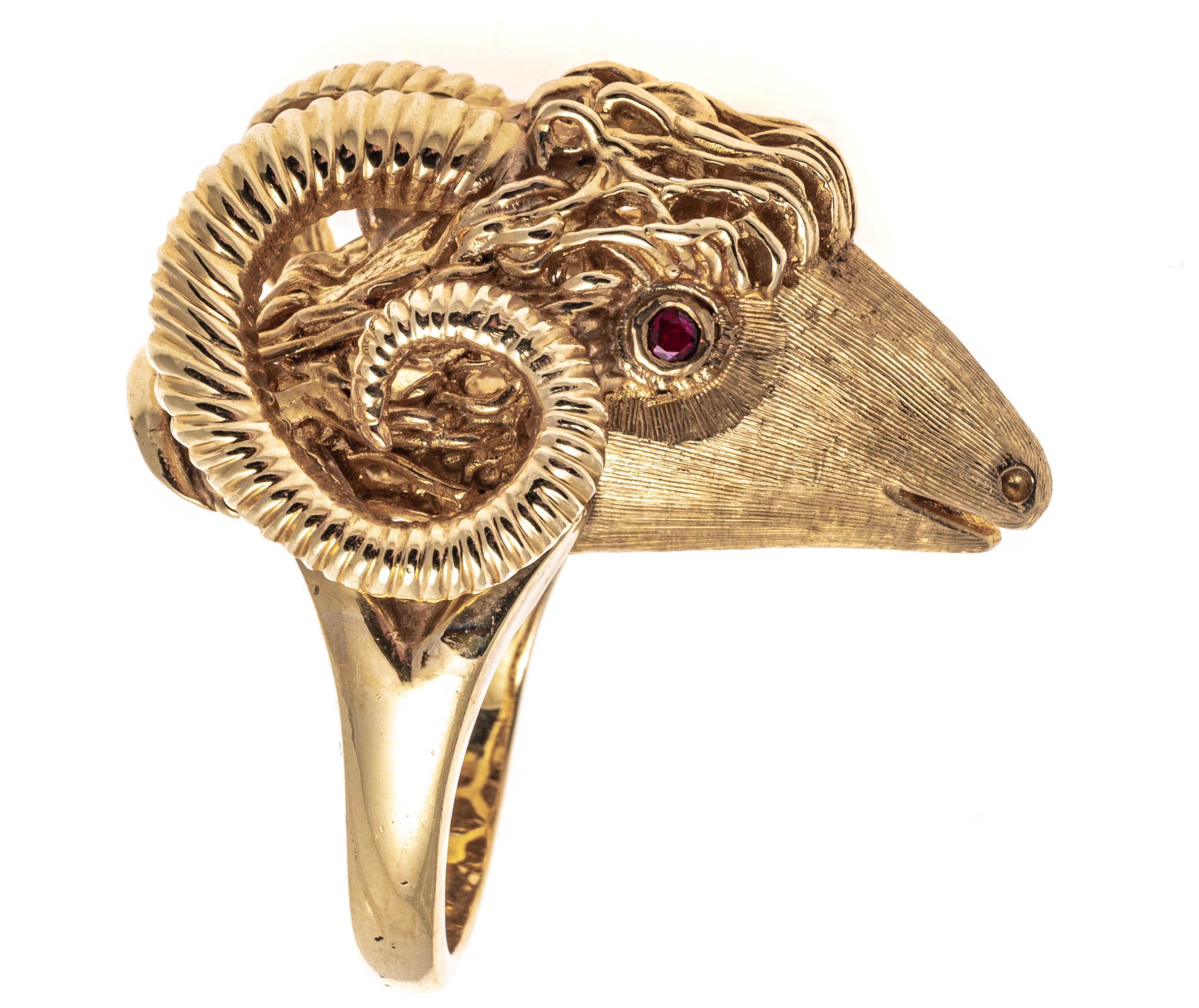 Round Cut 14k Detailed Rams Head Ring with Ribbed Horns & Rubies For Sale