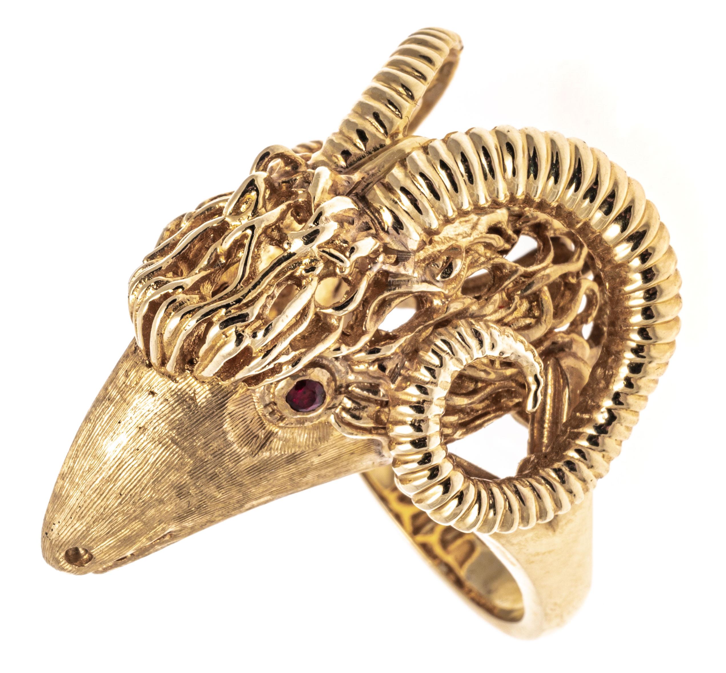 Women's 14k Detailed Rams Head Ring with Ribbed Horns & Rubies For Sale