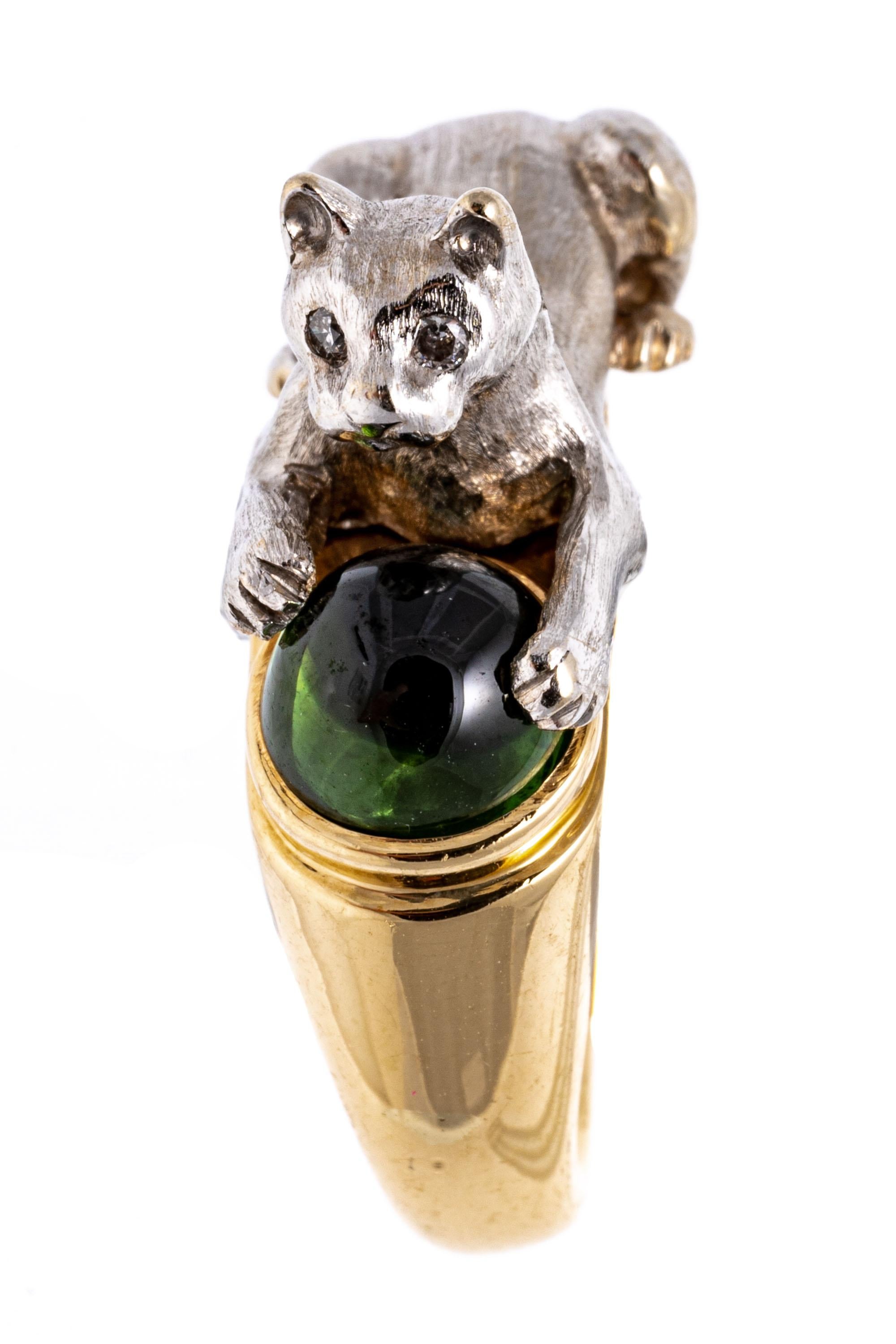 Contemporary 14K, Diamond and Chrome Diopside Crouching Cat Ring
