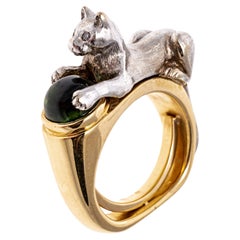 Vintage 14K, Diamond and Chrome Diopside Crouching Cat Ring