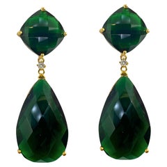 14k Diamond and Lab Grown Green Stone Dangle Earrings