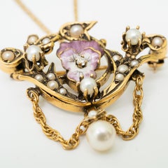 14k Diamond and Pearl Pansy Flower Enamel Brooch