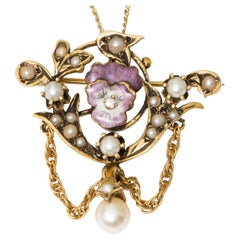 Vintage 14k Diamond and Pearl Pansy Flower Enamel Brooch