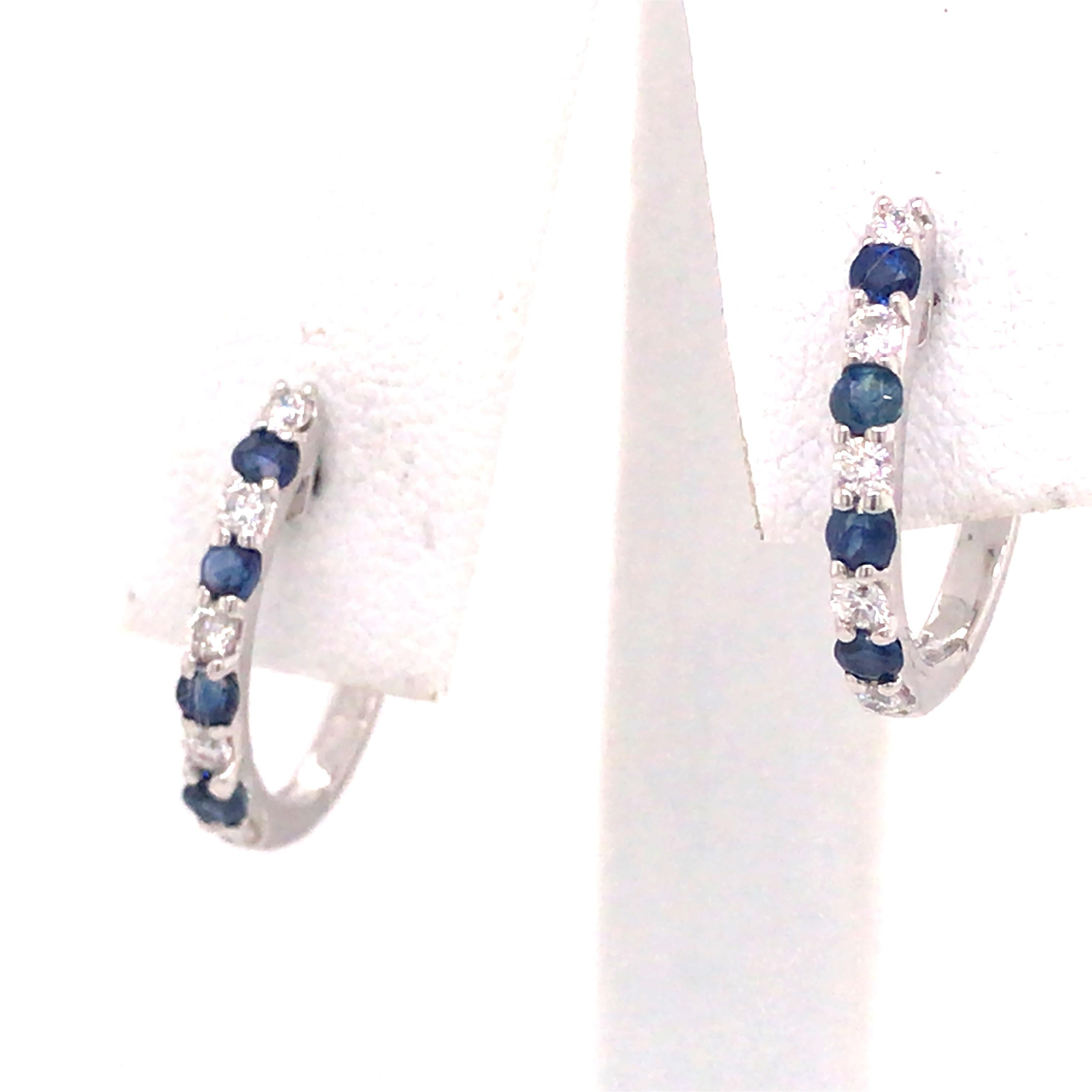 Round Cut 14K Diamond and Sapphire Huggie Earrings White Gold