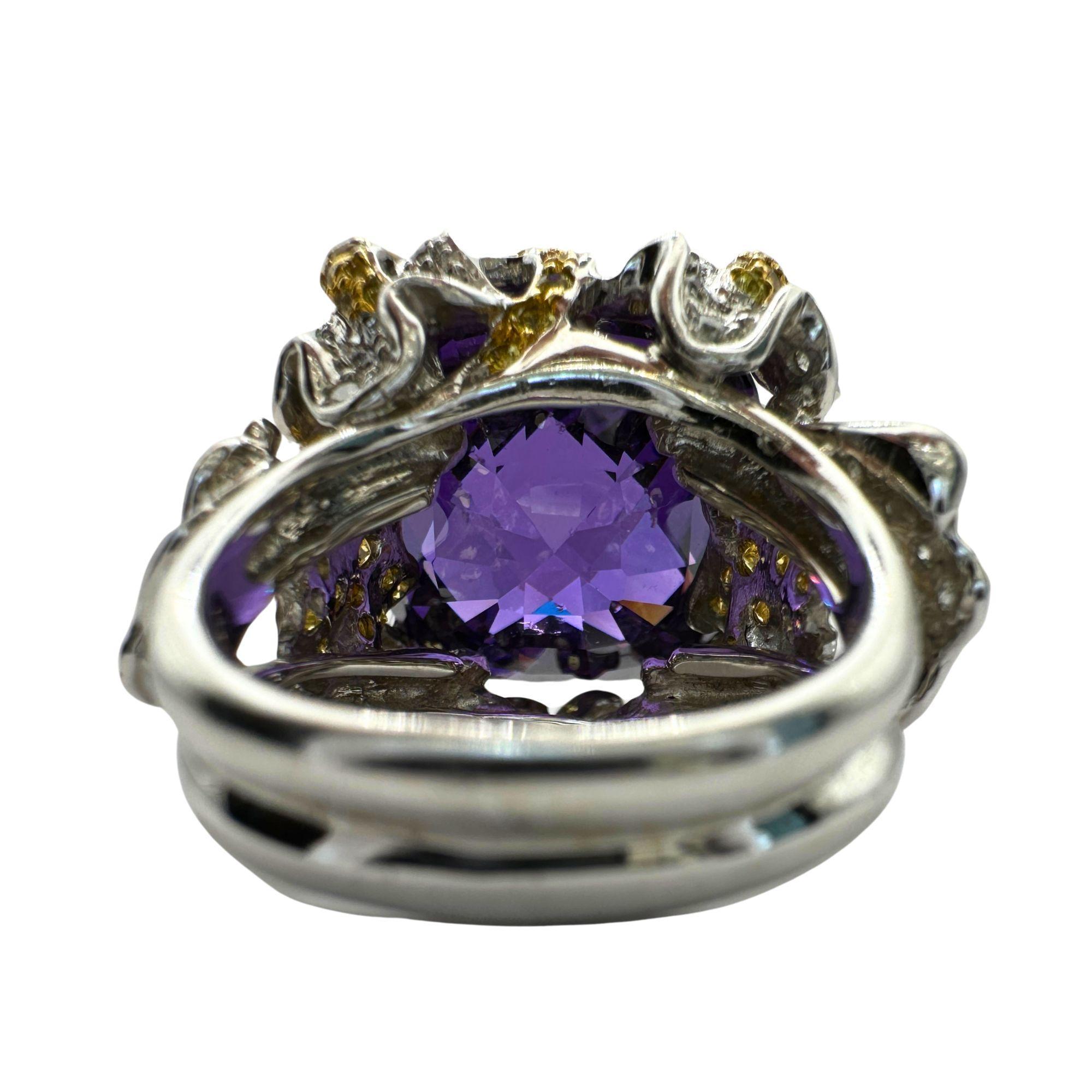 14k Diamond and Yellow Sapphire and Purple Stone Center Cocktail Ring For Sale 5