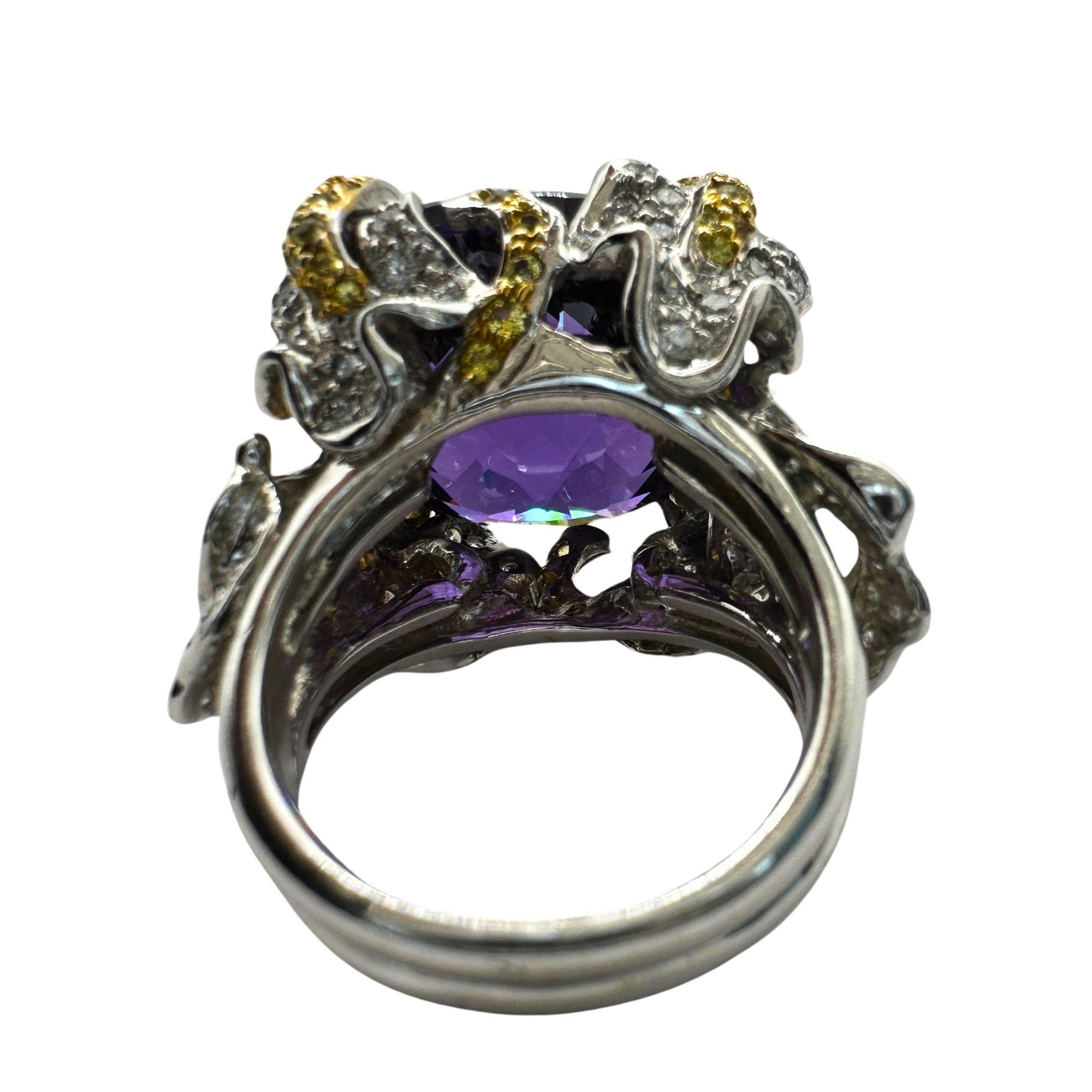 14k Diamond and Yellow Sapphire and Purple Stone Center Cocktail Ring For Sale 6