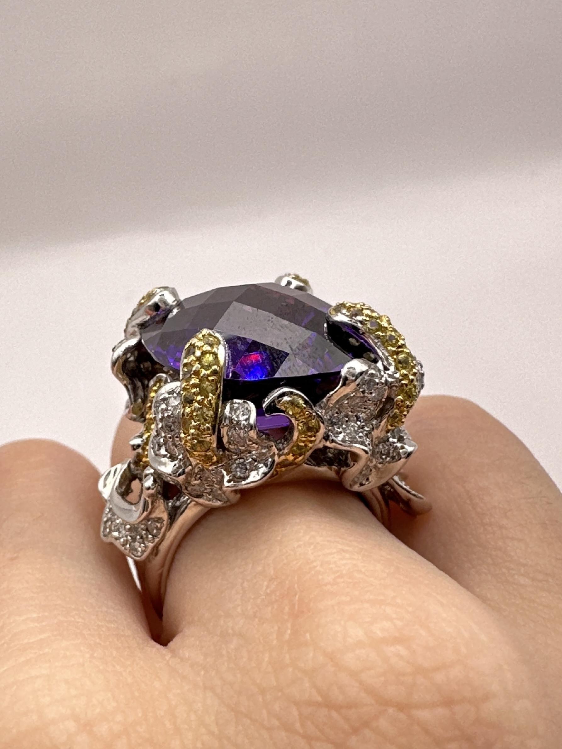 14k Diamond and Yellow Sapphire and Purple Stone Center Cocktail Ring For Sale 8
