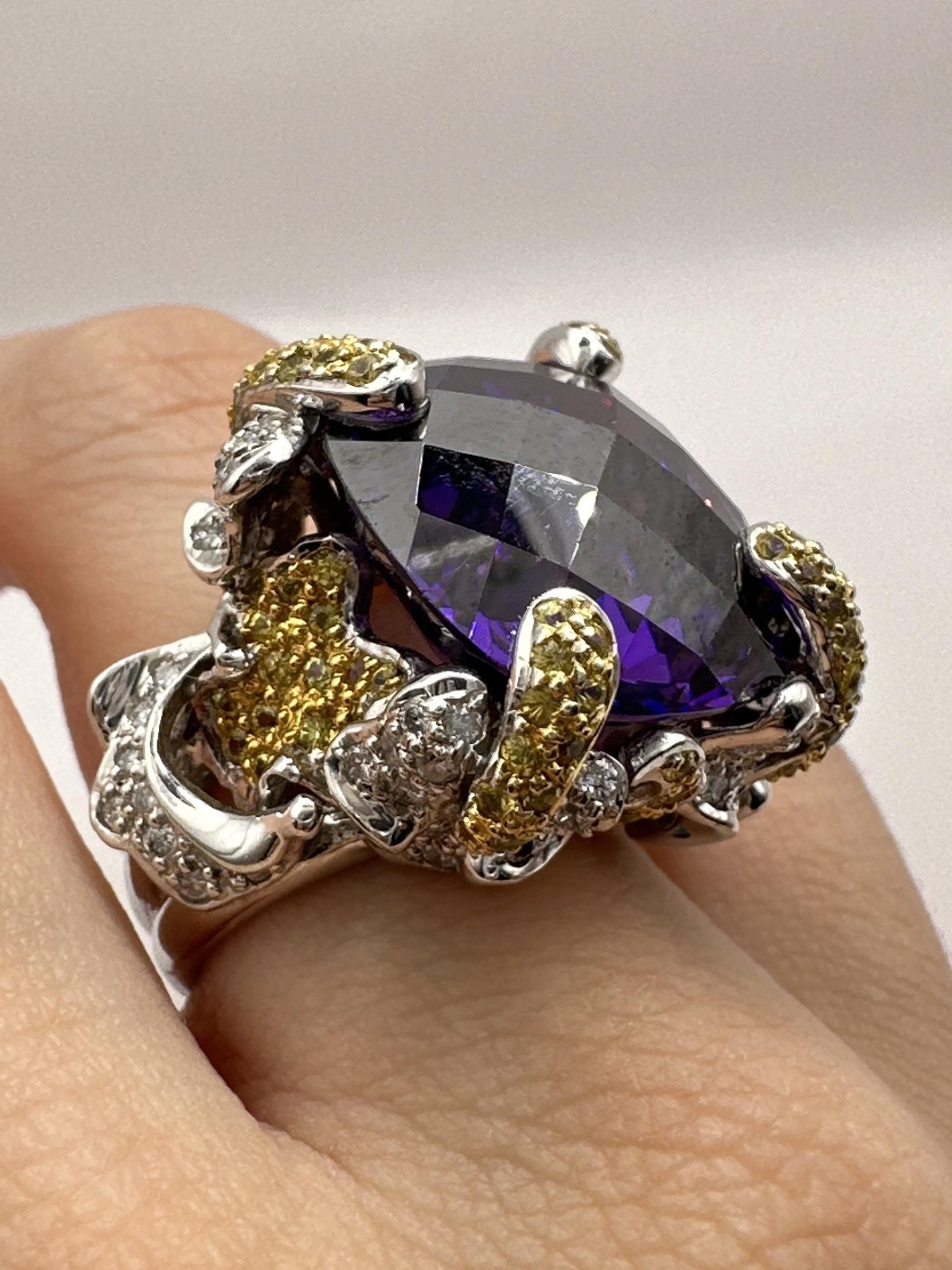 14k Diamond and Yellow Sapphire and Purple Stone Center Cocktail Ring For Sale 9