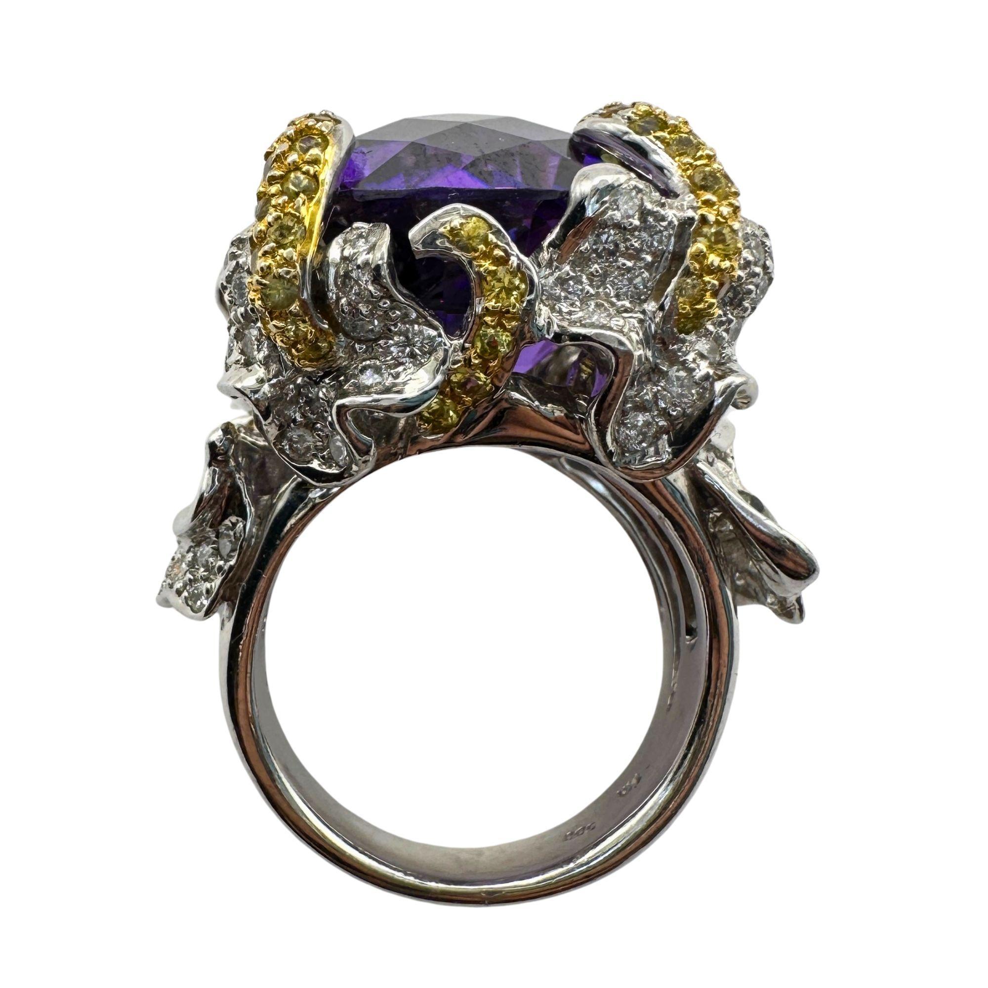 Round Cut 14k Diamond and Yellow Sapphire and Purple Stone Center Cocktail Ring For Sale