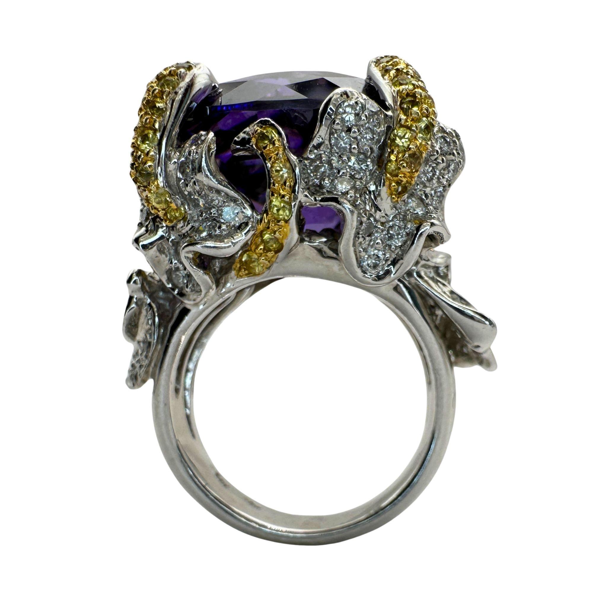 14k Diamond and Yellow Sapphire and Purple Stone Center Cocktail Ring In Good Condition For Sale In New York, NY