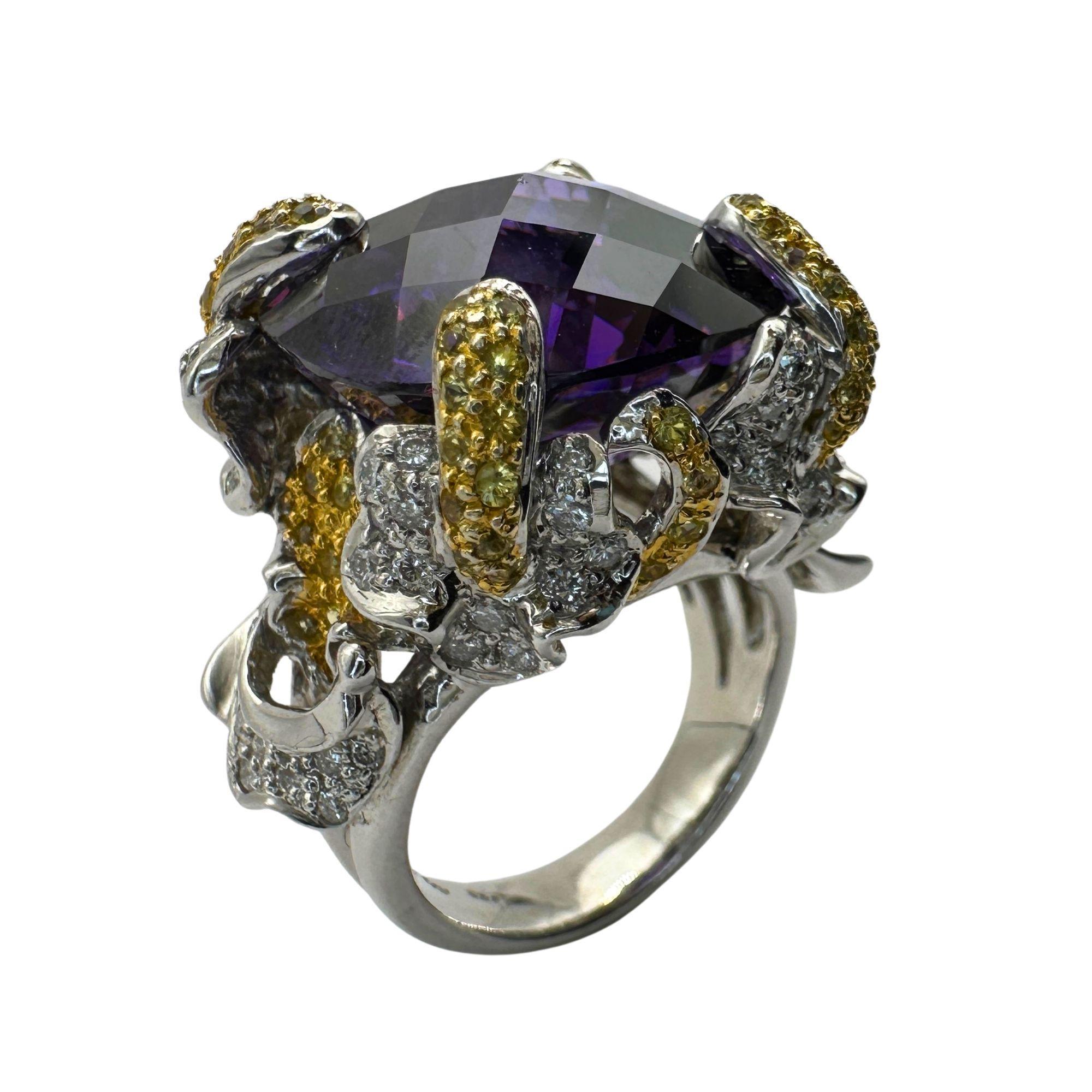 Women's 14k Diamond and Yellow Sapphire and Purple Stone Center Cocktail Ring For Sale