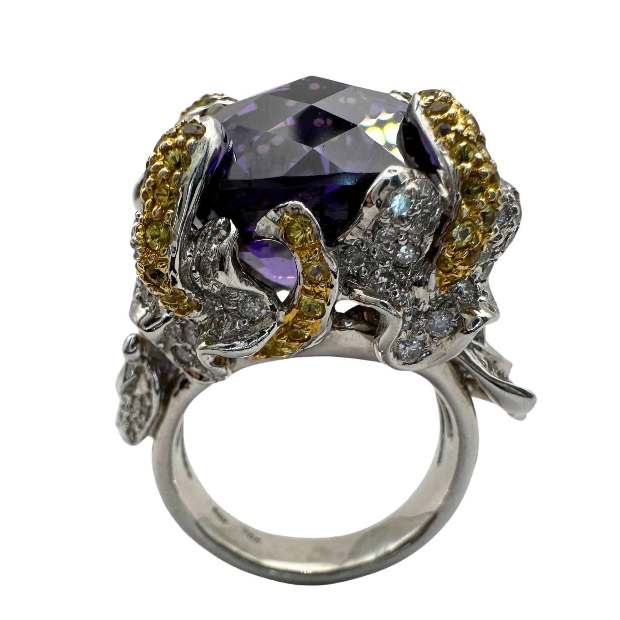 14k Diamond and Yellow Sapphire and Purple Stone Center Cocktail Ring For Sale 1
