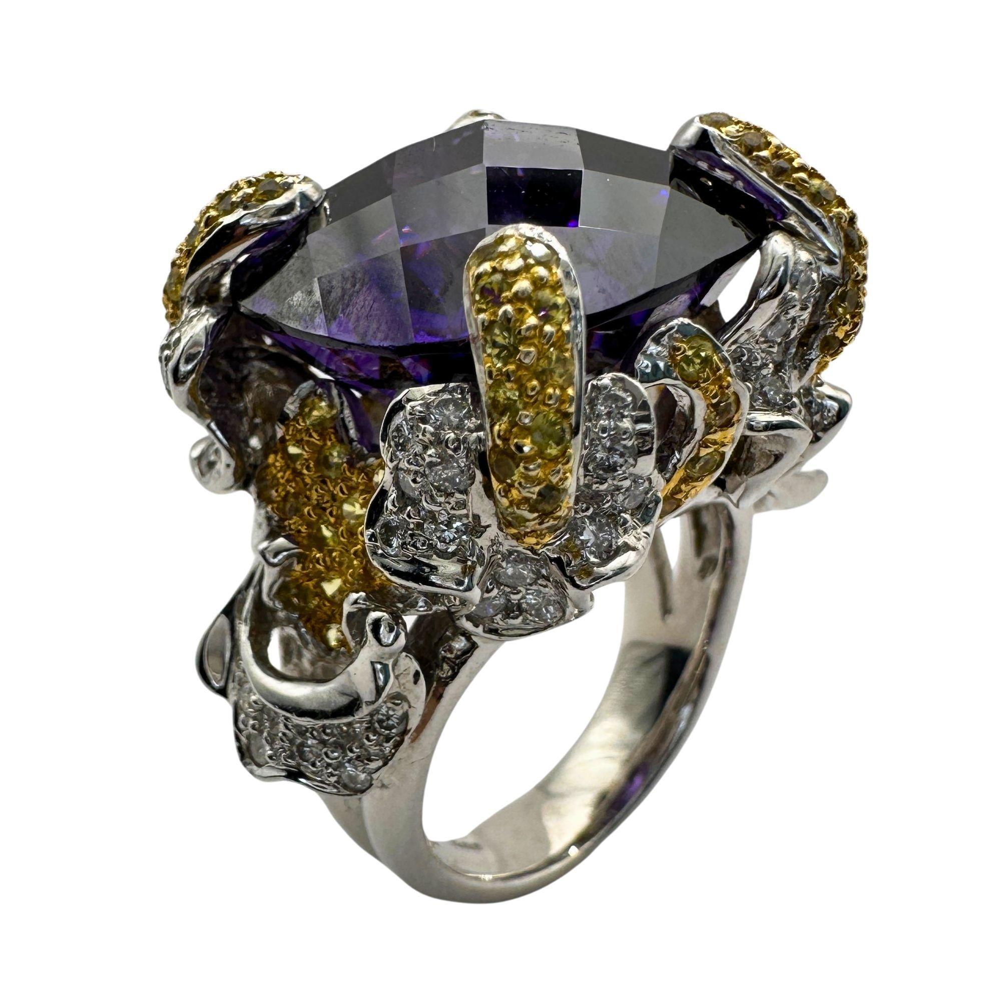 14k Diamond and Yellow Sapphire and Purple Stone Center Cocktail Ring For Sale 2