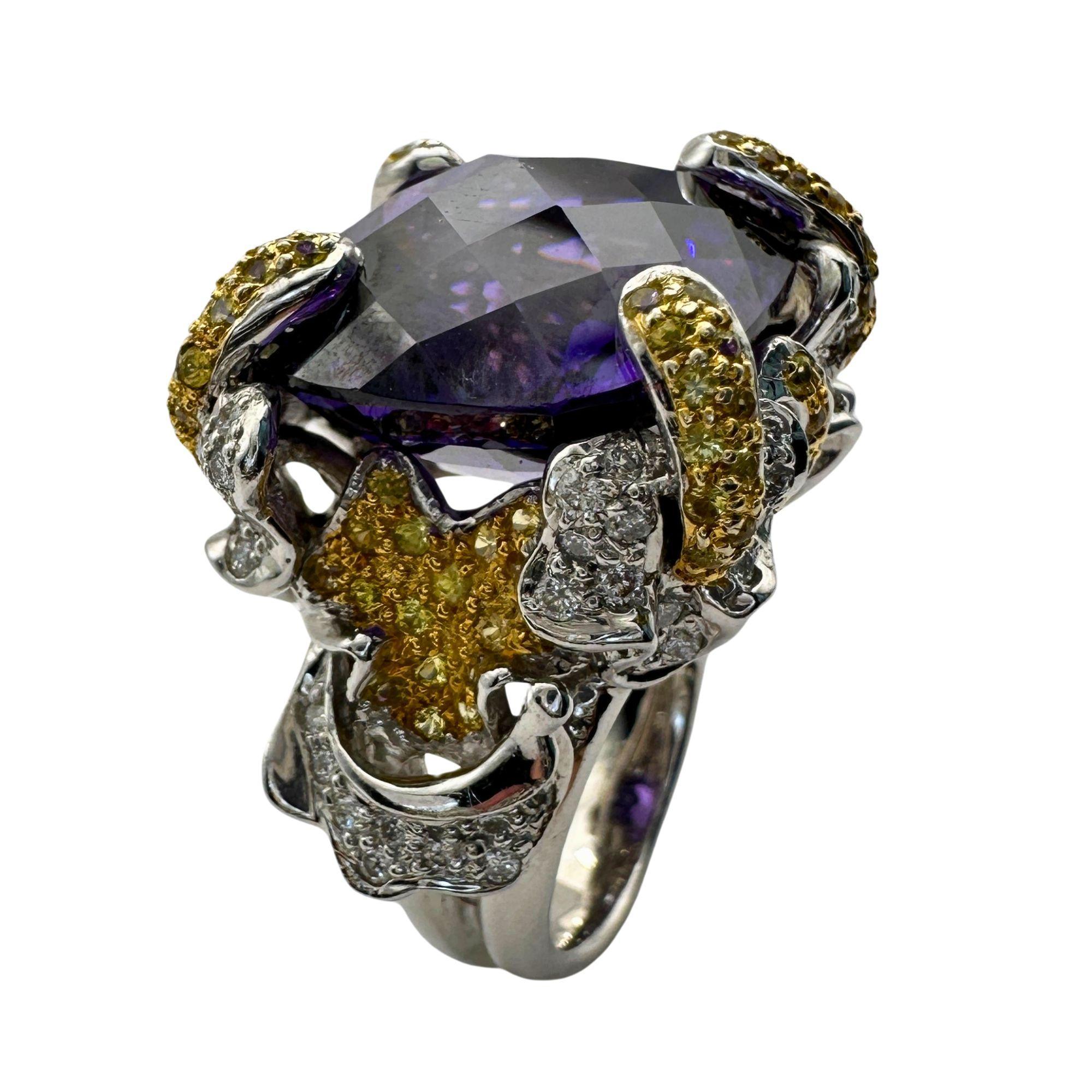 14k Diamond and Yellow Sapphire and Purple Stone Center Cocktail Ring For Sale 3