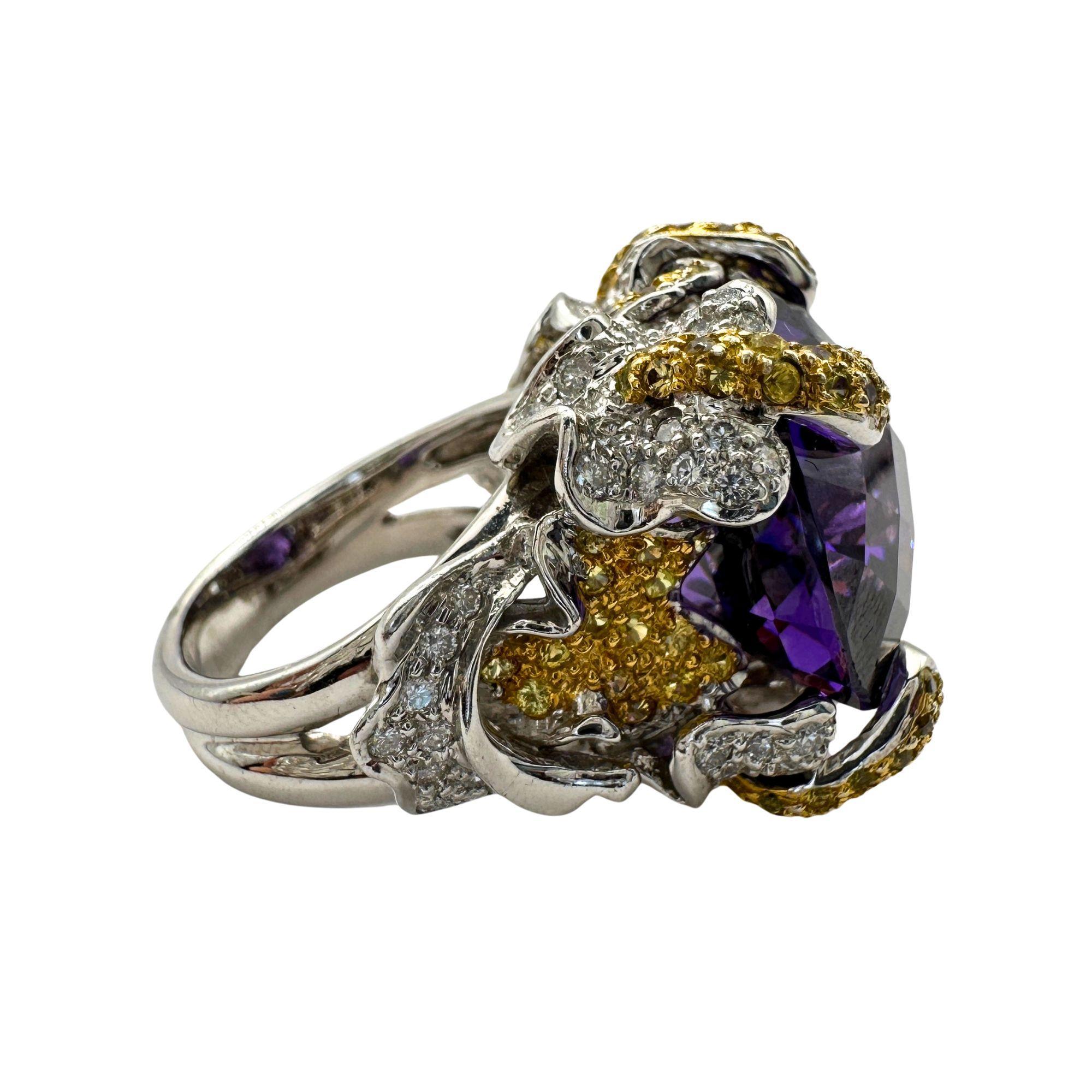 14k Diamond and Yellow Sapphire and Purple Stone Center Cocktail Ring For Sale 4