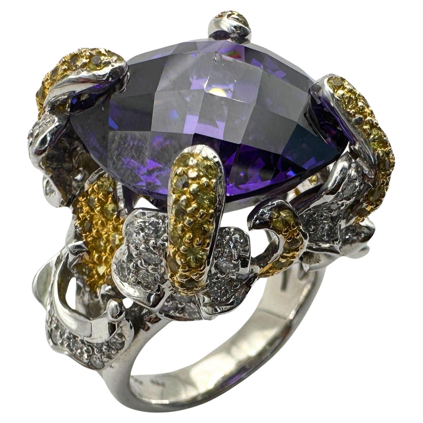14k Diamond and Yellow Sapphire and Purple Stone Center Cocktail Ring For Sale