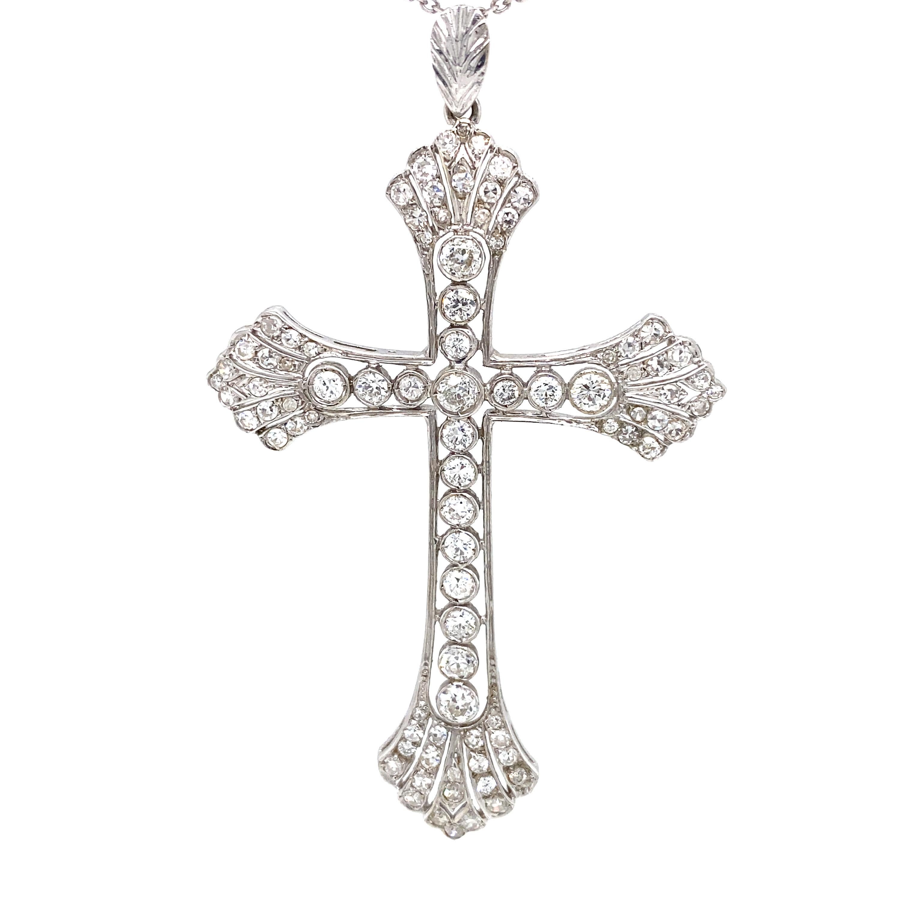 Diamond Art Deco Cross Pendant in 14K White Gold.  (86) Round Brilliant Cut Diamonds weighing 2.53 carat total weight, G-I in color and VS-SI in clarity are expertly set. The Pendant measures 2 7/8 inch in length and 1 3/4 inch in width. 7.15 grams.