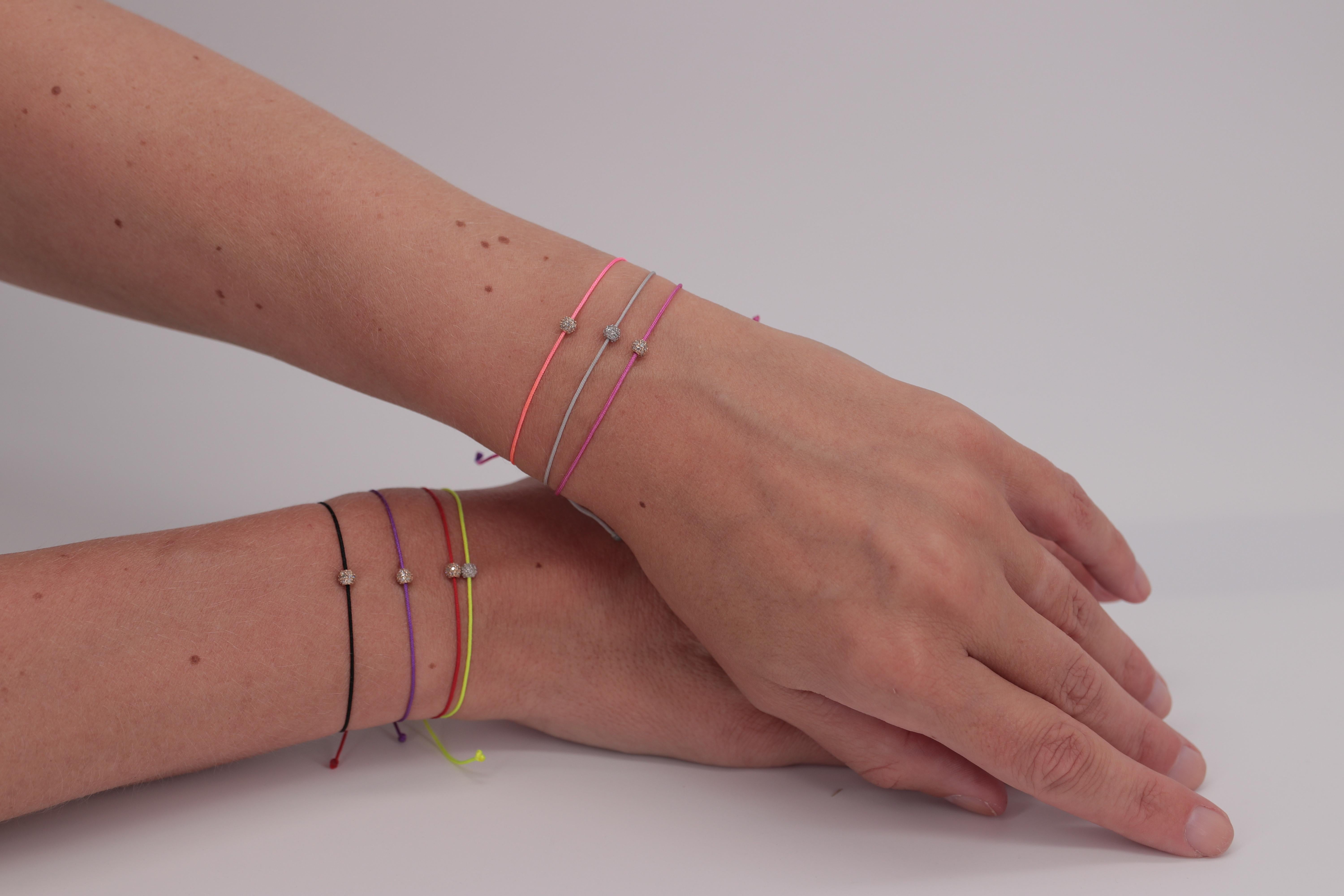 Women's or Men's 14k diamond bead bracelet with pink nylon For Sale