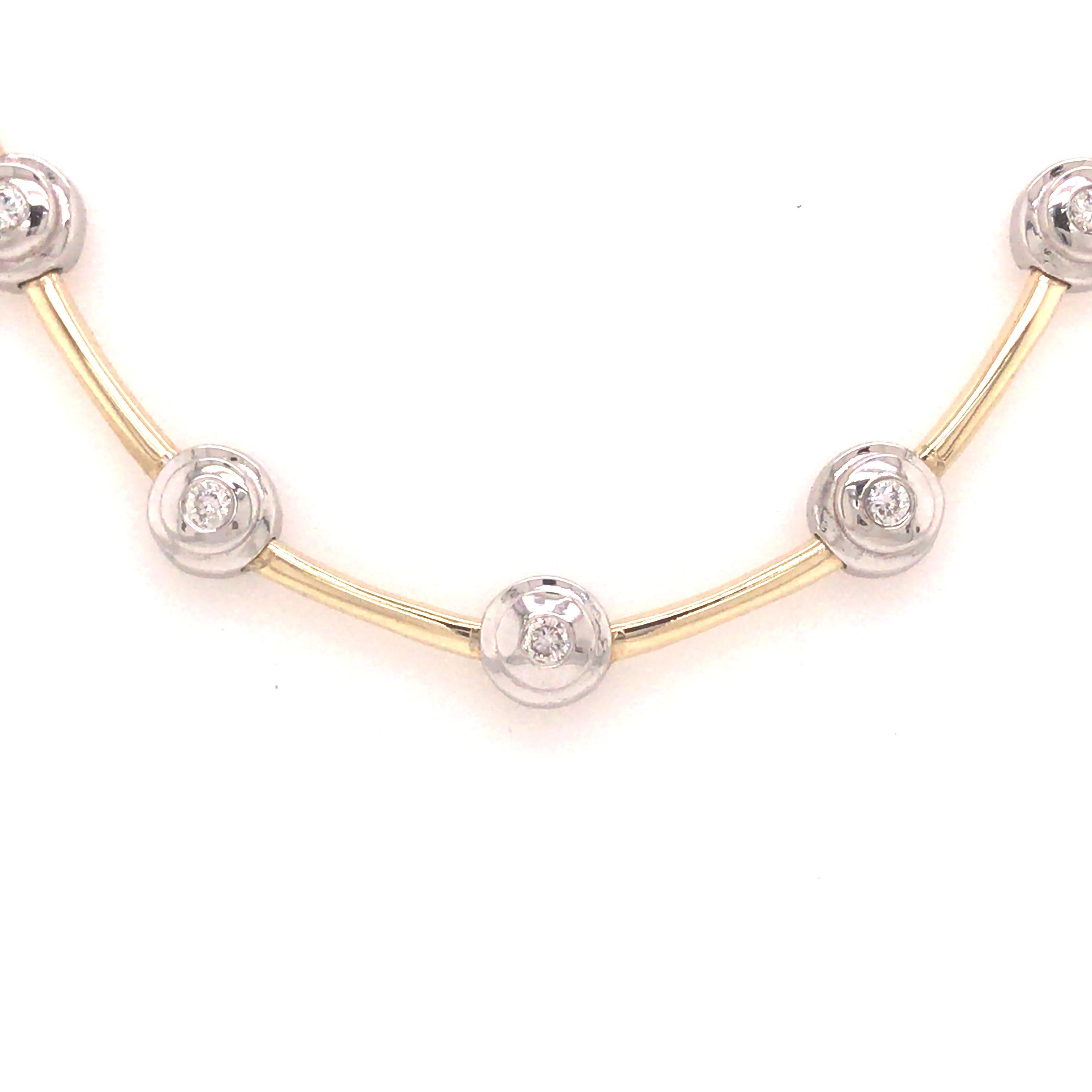 Round Cut 14k Diamond Bezel Link Necklace Two-Tone Gold For Sale