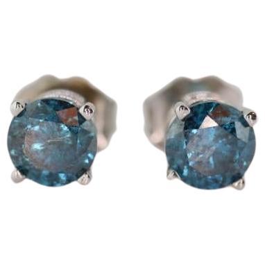 14k Diamond BLUE studs 1ctw earrings. 14k white gold BLUE Diamond Solitaire