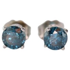 14k Diamond BLUE studs 1ctw earrings. 14k white gold BLUE Diamond Solitaire