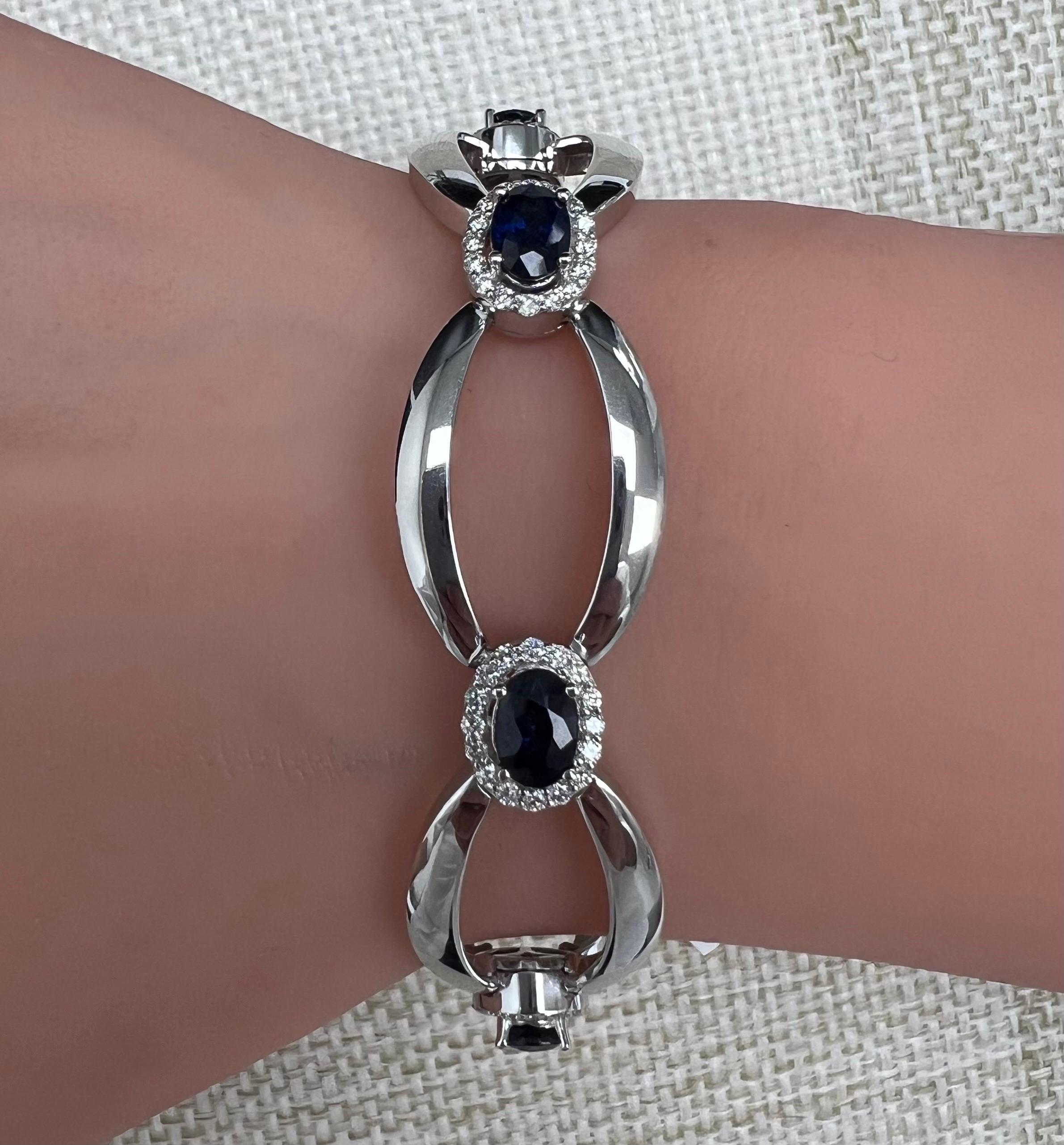 Brilliant Cut 14K Diamond Bracelet, 6 Oval Blue Sapphires, 1.36 CT D, 6.75 CT Sap, All Natural For Sale