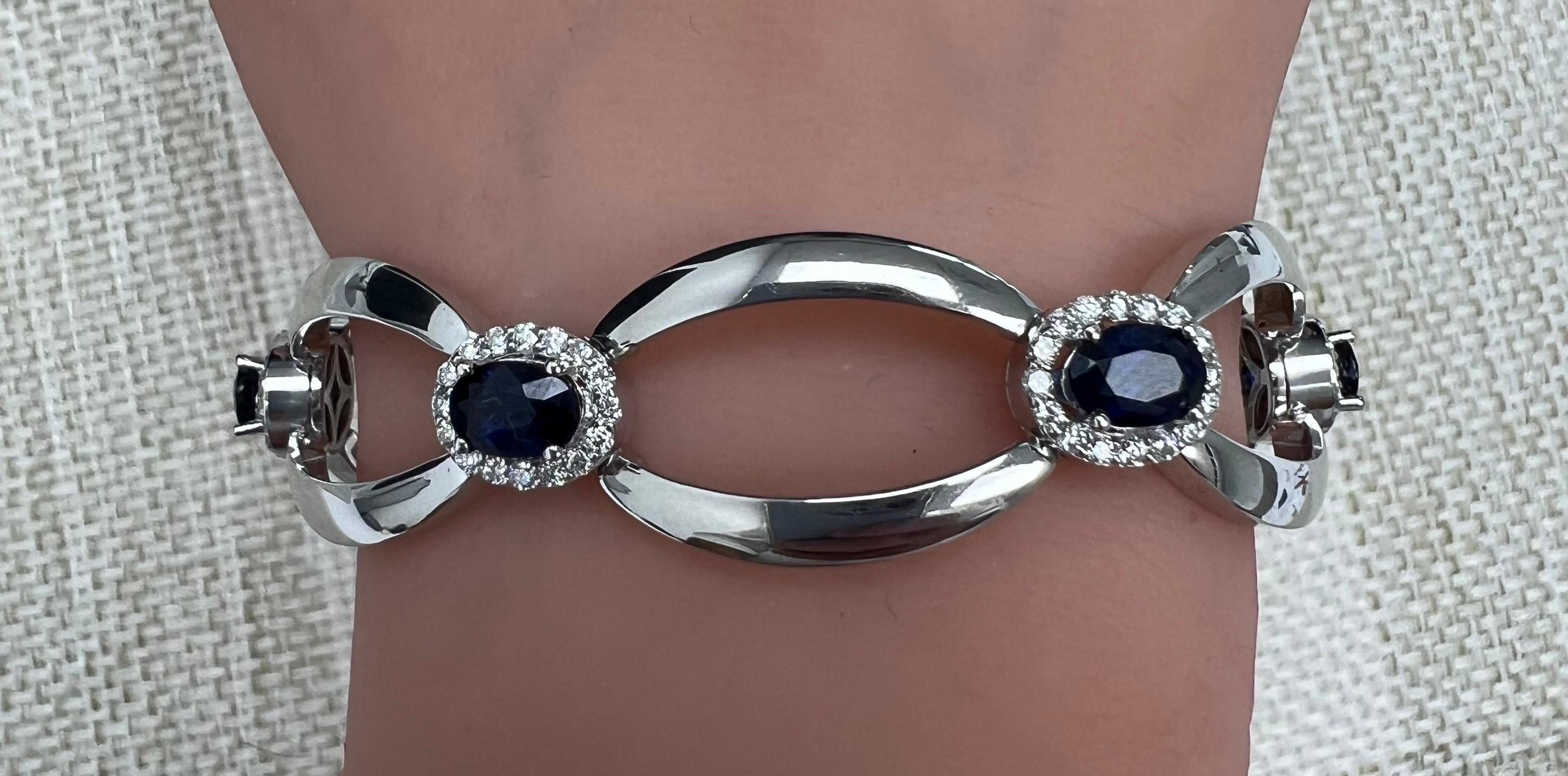 14K Diamond Bracelet, 6 Oval Blue Sapphires, 1.36 CT D, 6.75 CT Sap, All Natural In New Condition For Sale In Great Neck, NY