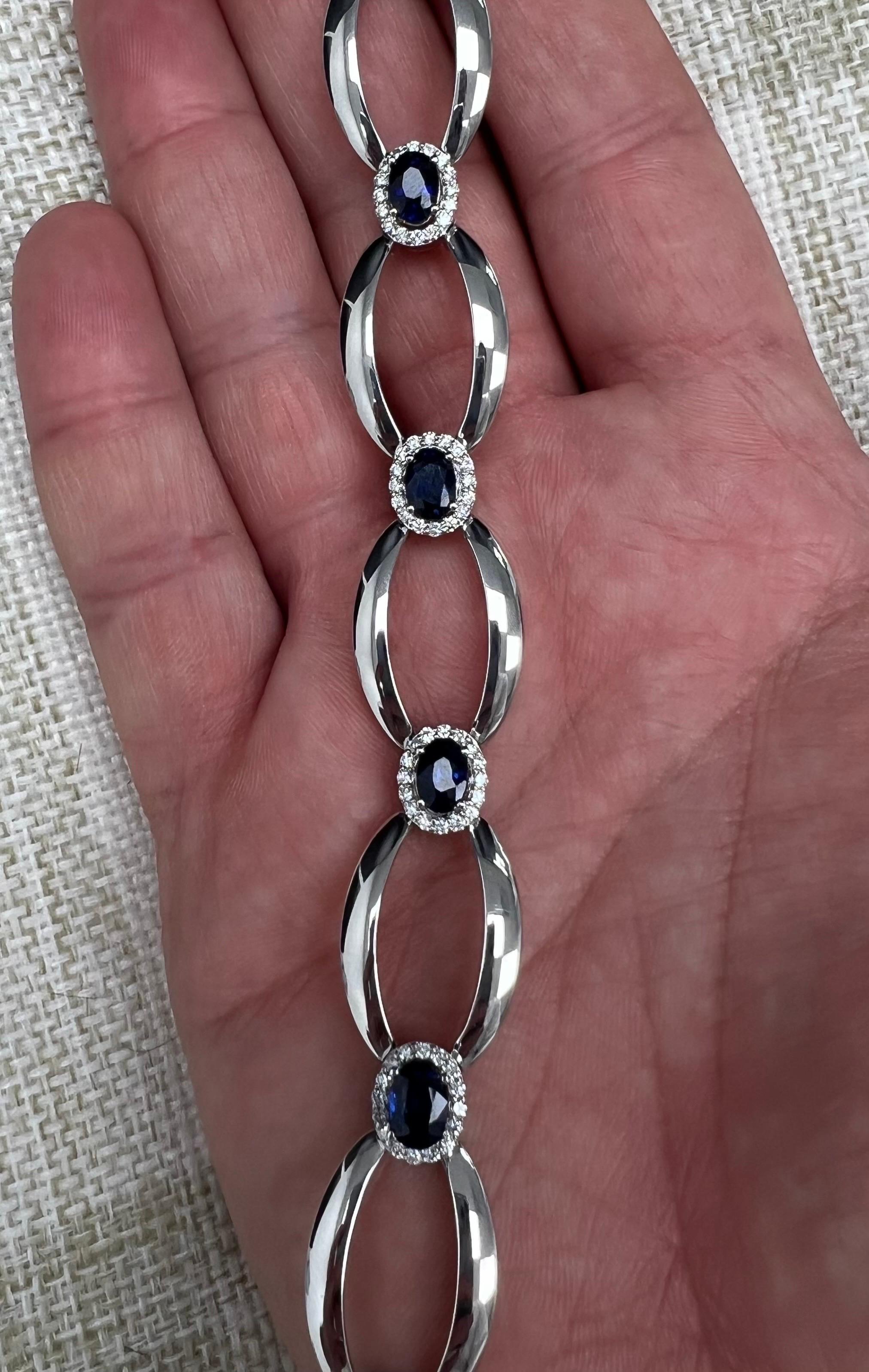 Women's or Men's 14K Diamond Bracelet, 6 Oval Blue Sapphires, 1.36 CT D, 6.75 CT Sap, All Natural For Sale