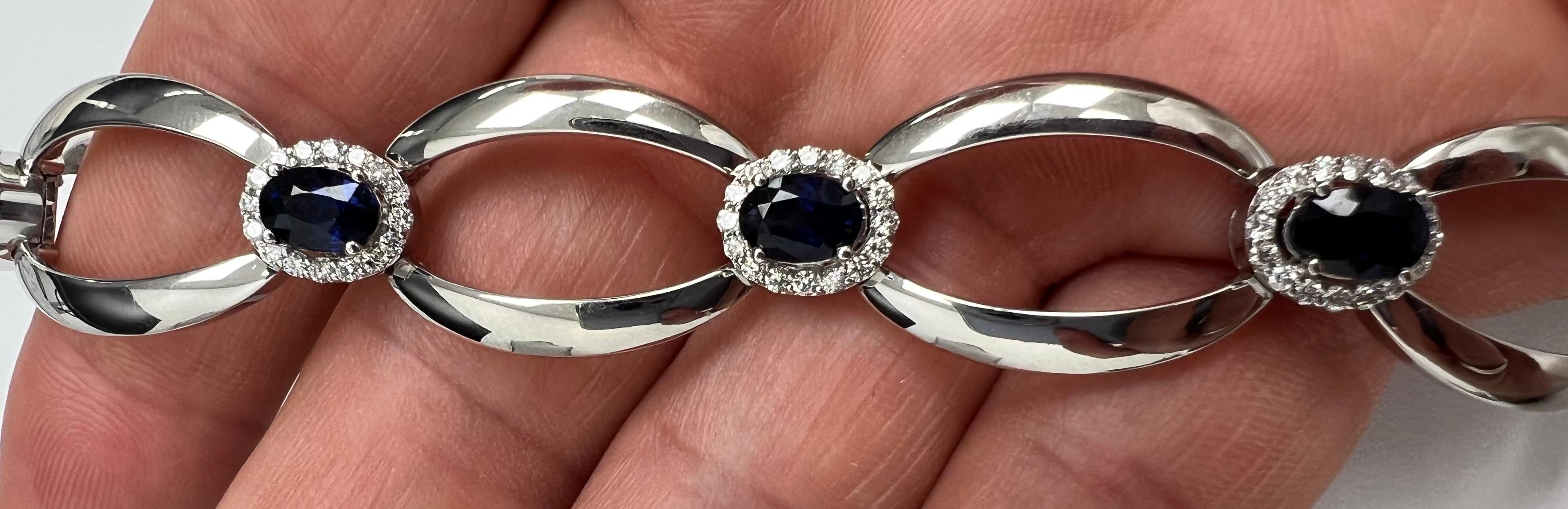 14K Diamond Bracelet, 6 Oval Blue Sapphires, 1.36 CT D, 6.75 CT Sap, All Natural For Sale 4