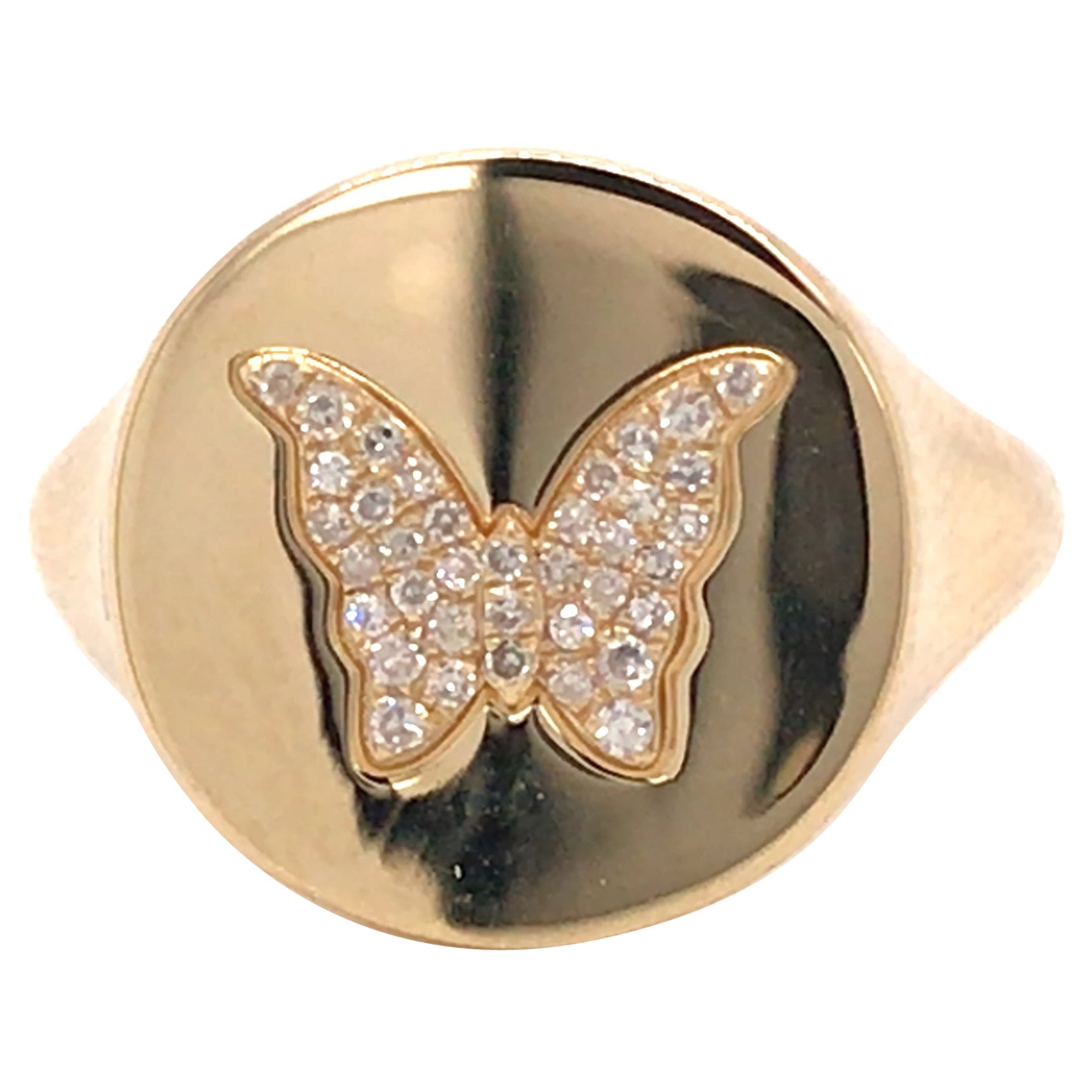 14K Diamond Butterfly Signet Ring Yellow Gold For Sale