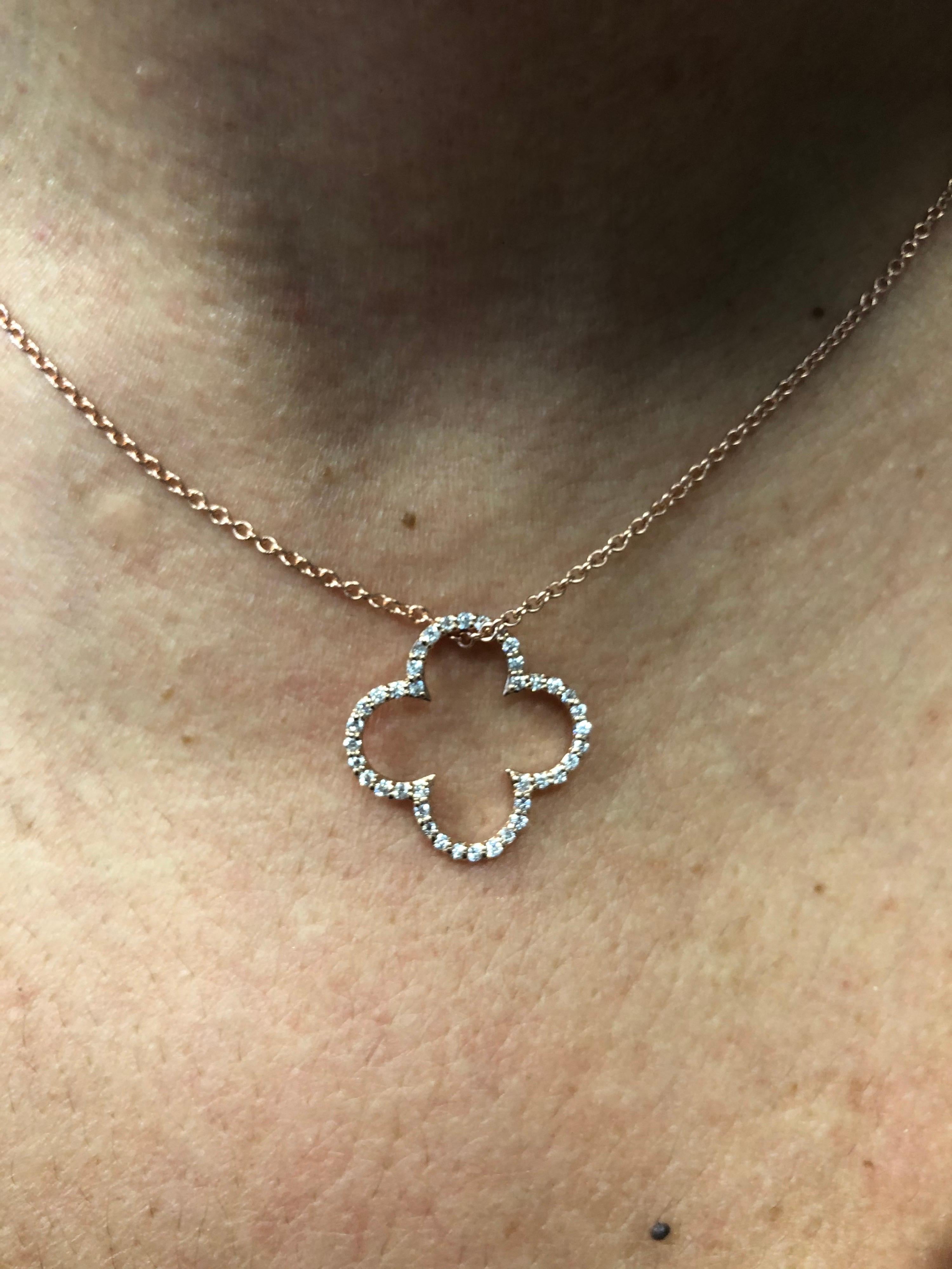 Diamond clover pendant set in 14K Rose gold. The pendant is set with 40 stones each weighing 0.01 carats making the total carat weight 0.40. The color of the stones are H, the clarity is SI1-SI2. The pendant is available in both yellow and white