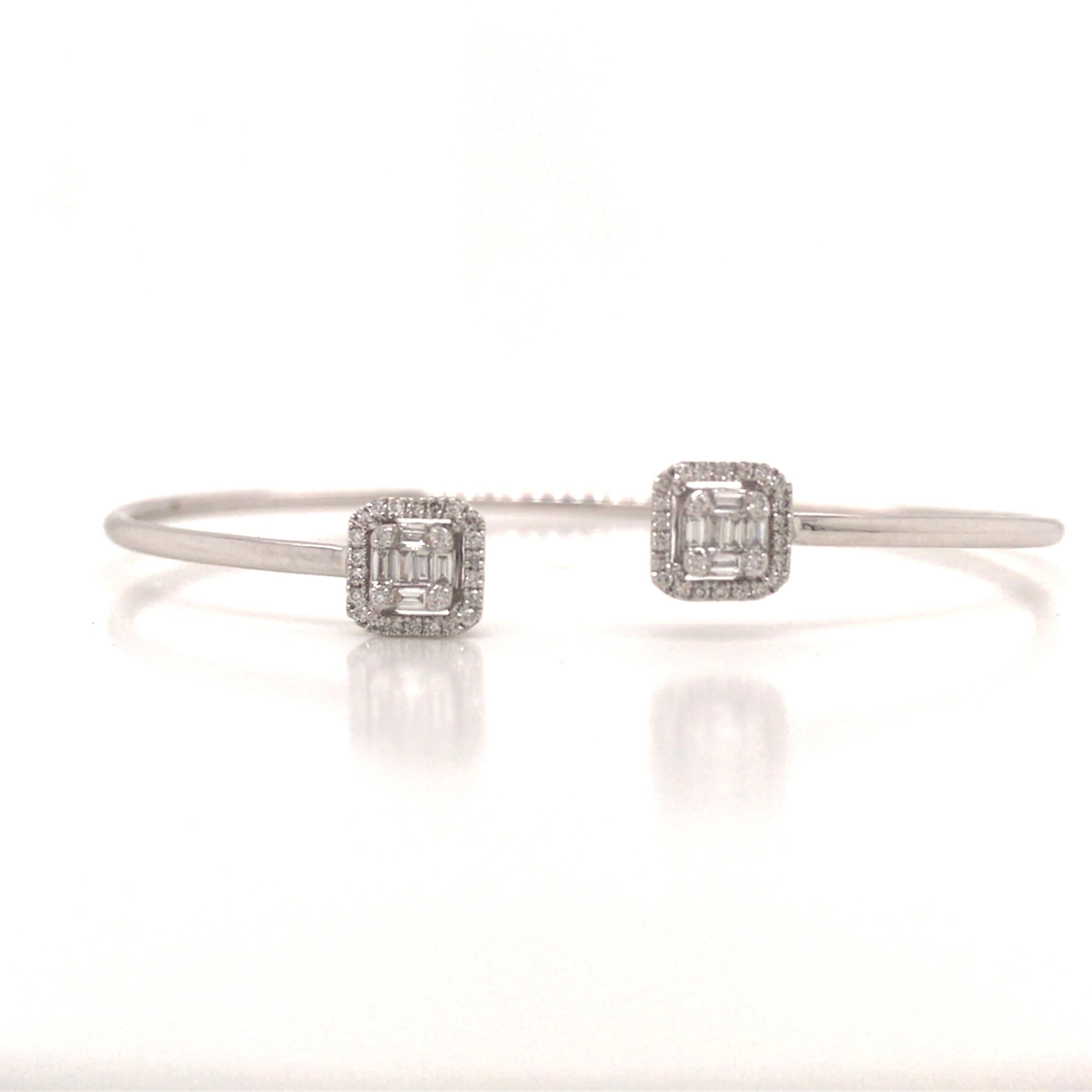 Diamond Cluster Open Bangle Bracelet in 14K White Gold.  Round Brilliant Cut and Baguette Diamonds weighing 0.38 carat total weight, G-H in color and VS-SI in clarity are expertly set.  The Bangle measures 6 1/2 inch inner circumference and 1/4 inch