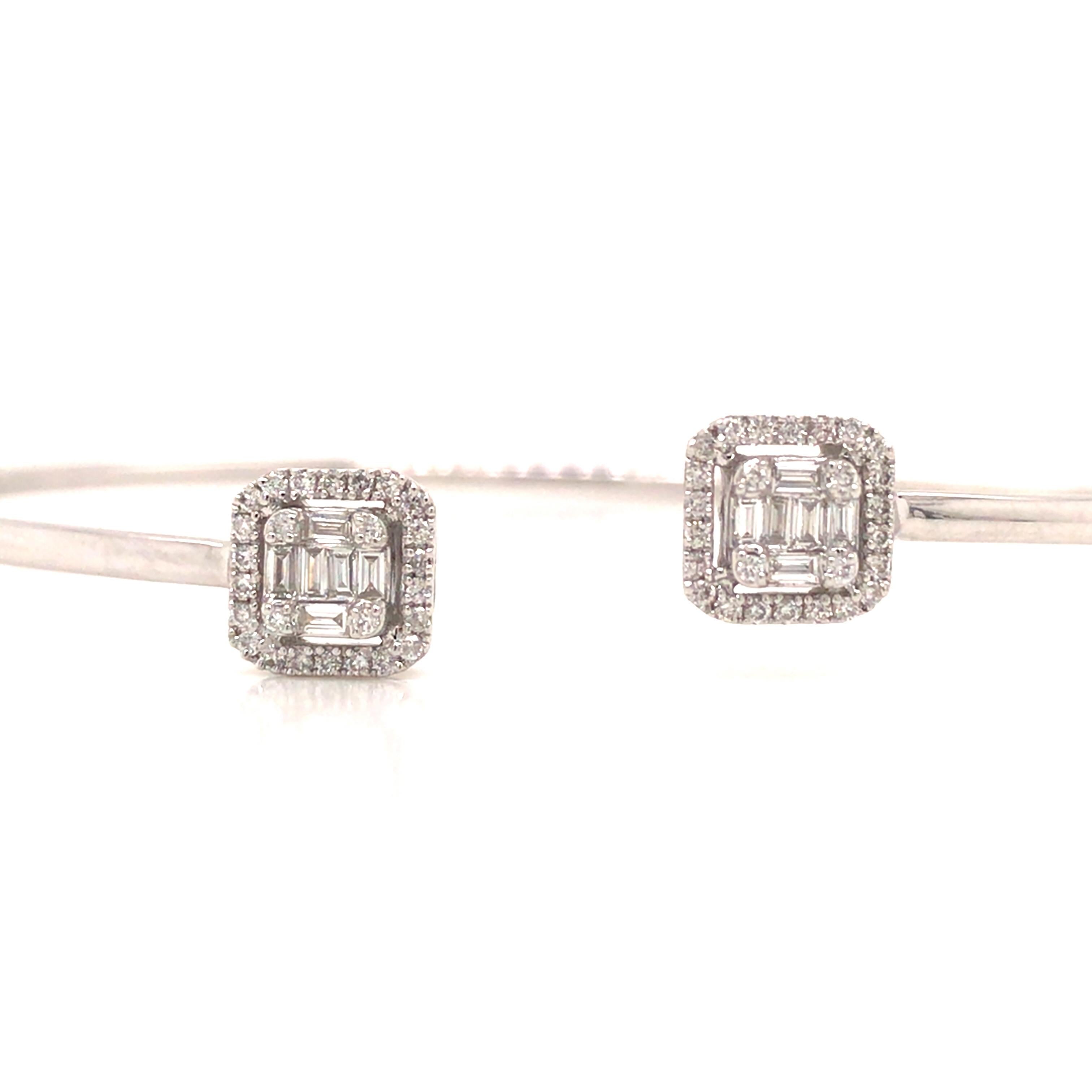 Round Cut 14K Diamond Cluster Open Bangle Bracelet White Gold For Sale