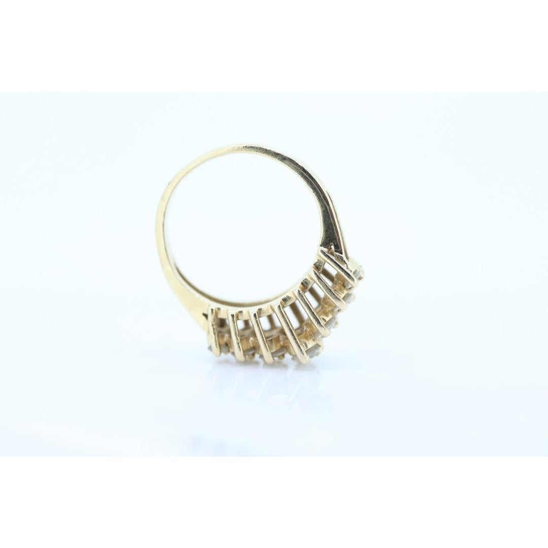Vintage from the 1990s
Size: 5 US
Materials: Stone
Gemstone: Diamond
Gem color: Colorless
Band color: Gold

Style: Mid-century

Beautiful 14k TWO row Diamond Cluster ring / wedding band. High quality craftsmanship. Ring looks astounding