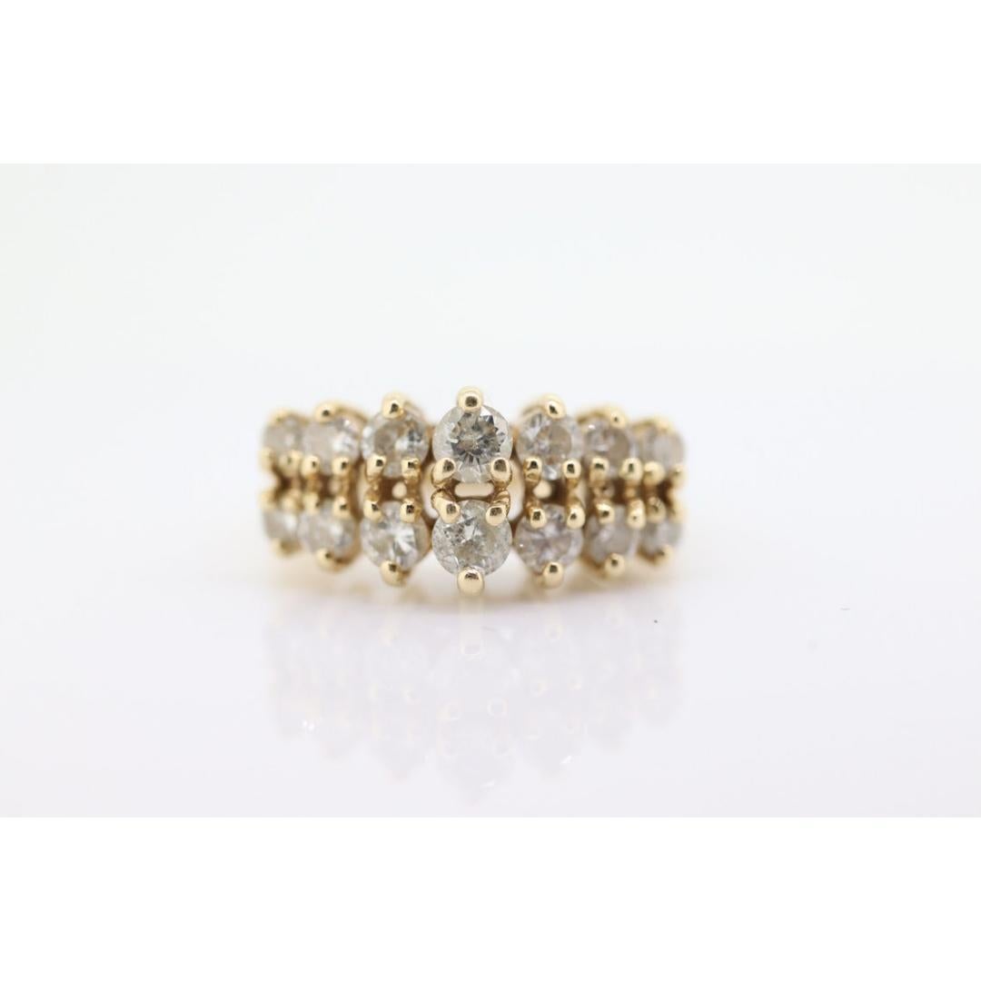 14k Diamond Cluster ring. Graduated 1ctw diamonds in 2 rows prong set band. For Sale 1