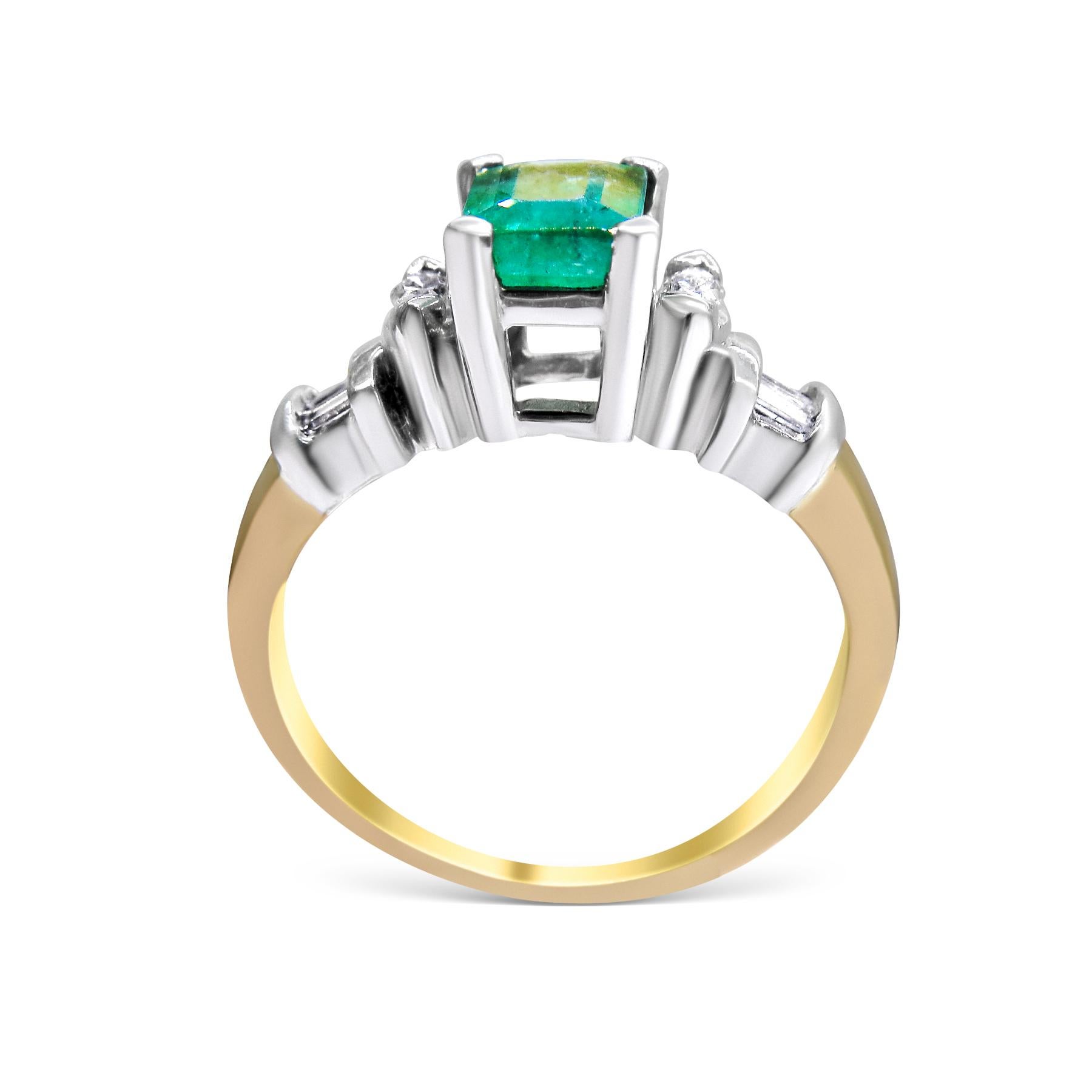 Emerald Cut 14 Karat Diamond and Colombian Emerald Ladies Ring For Sale
