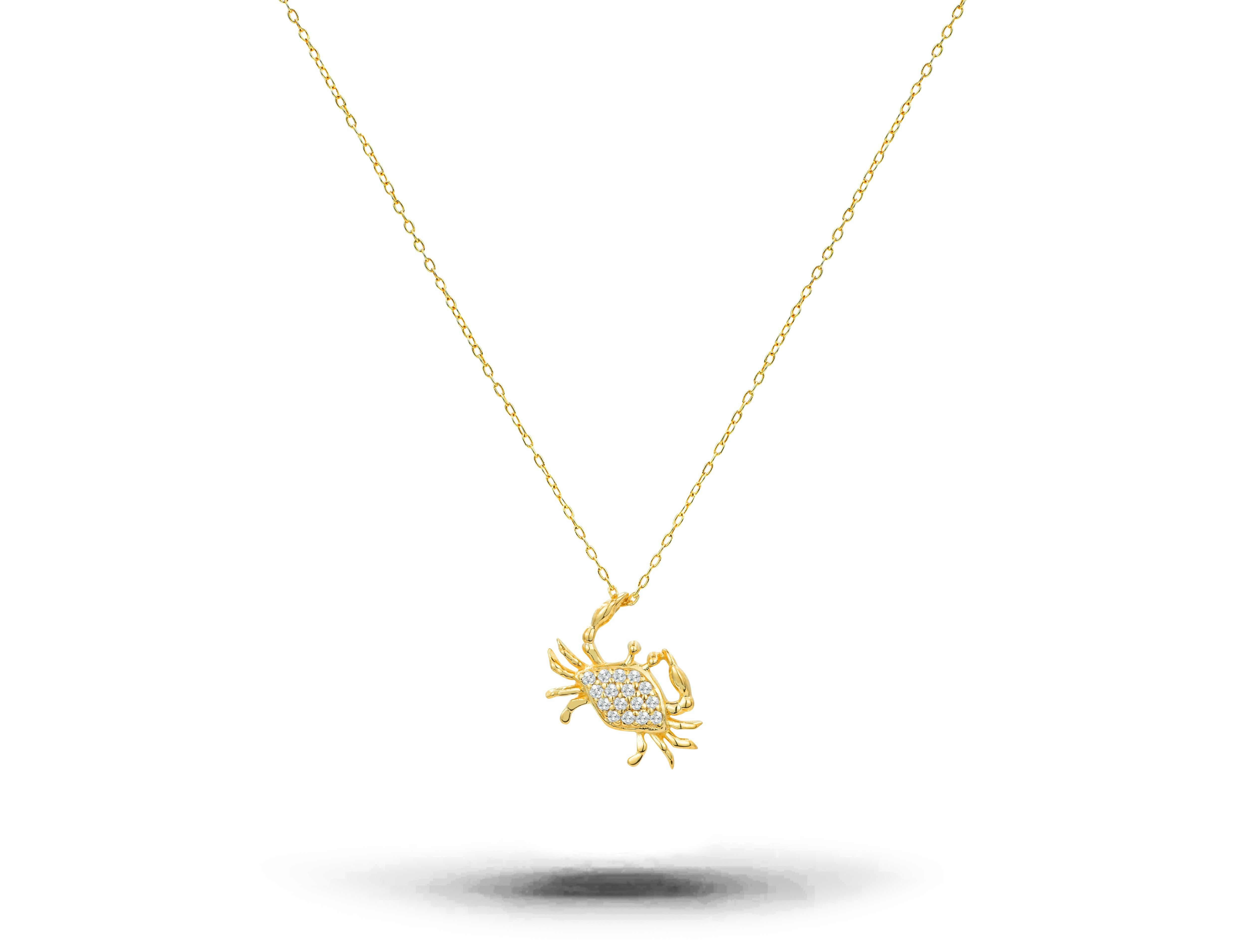 14k Solid Gold Diamond Crab Anhnger Halskette Krebs Sternzeichen Anhnger Halskette (Moderne) im Angebot