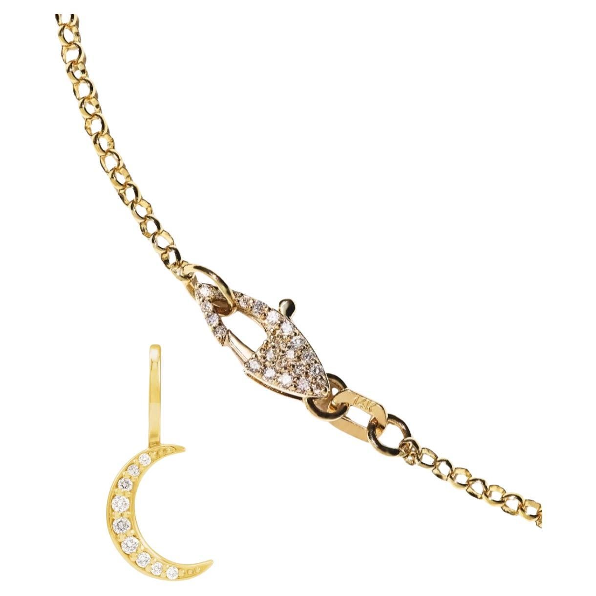 14k Diamond Crescent Moon Pendant with Natural Diamond Clasp Chain For Sale
