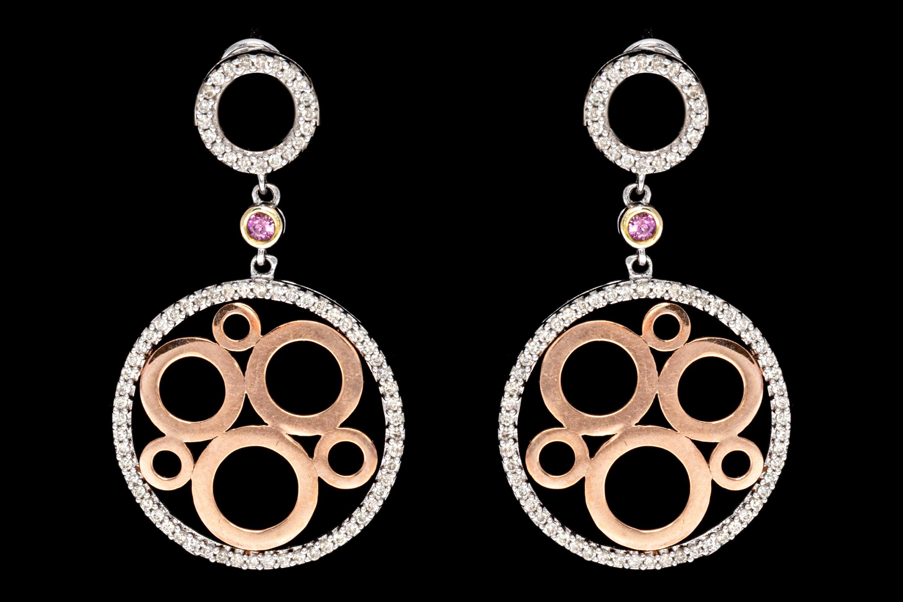 14k Diamond Double Circular Pendant Earrings For Sale 2
