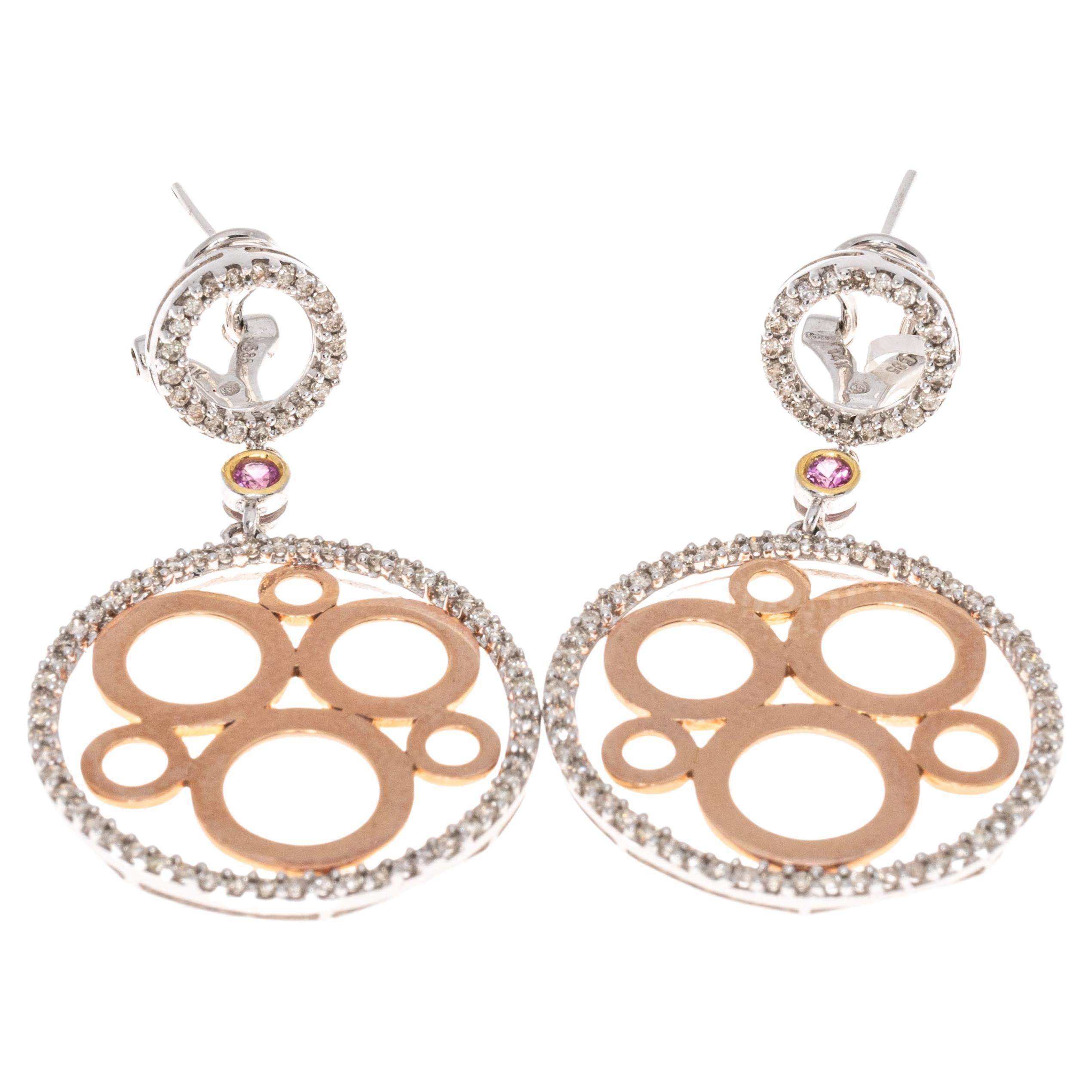 14k Diamond Double Circular Pendant Earrings For Sale