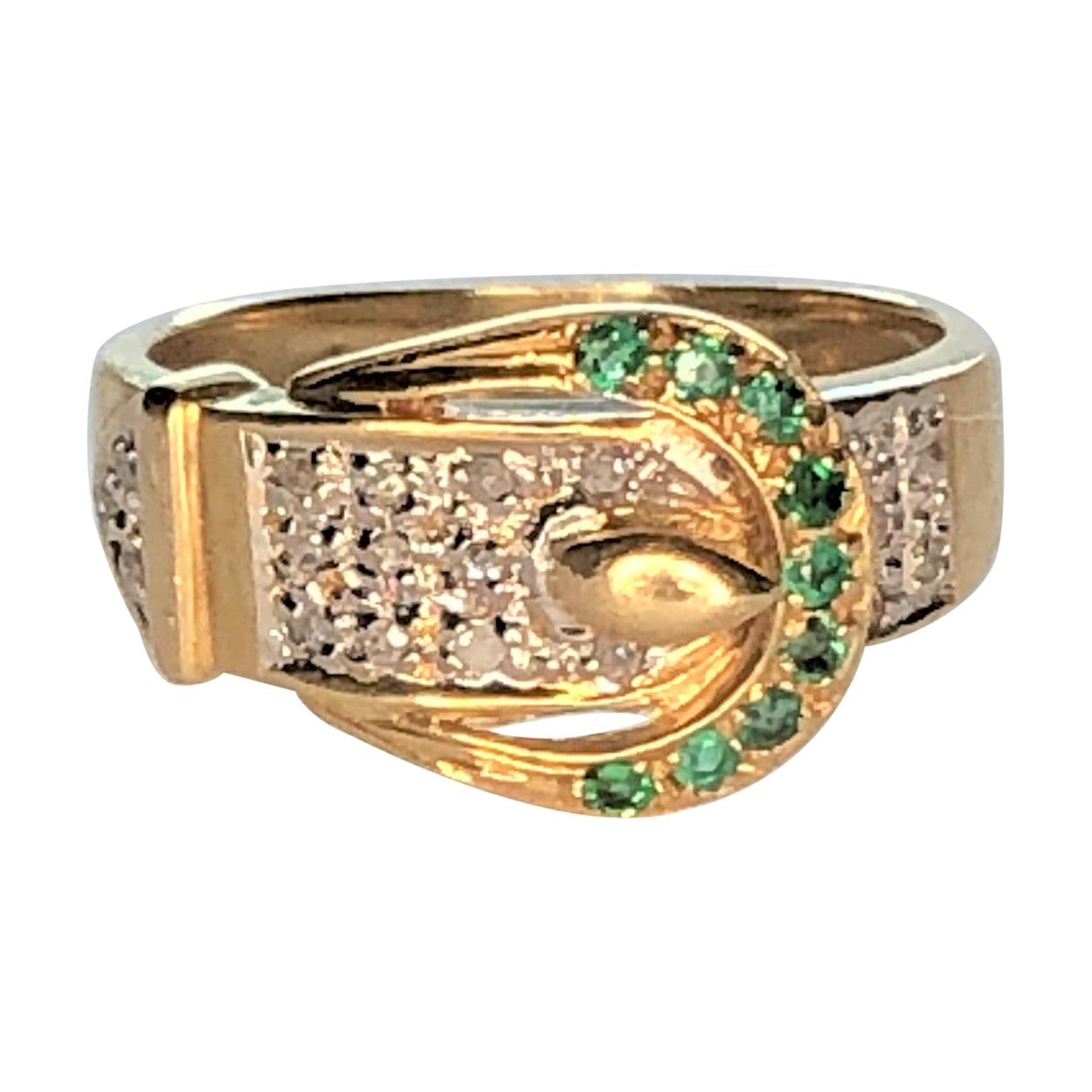 14K Diamond Emerald Buckle Ring