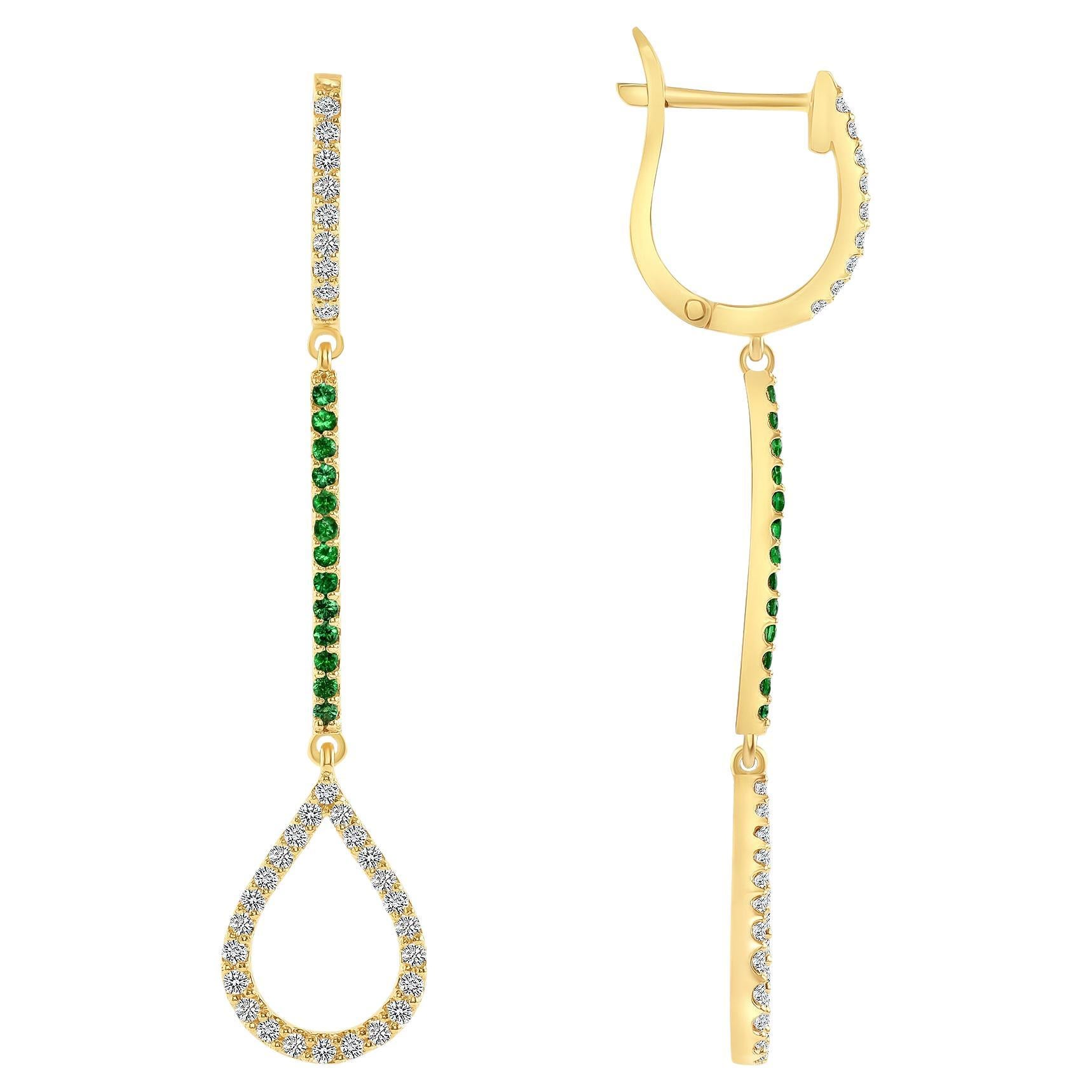 14K Diamond & Emerald Teardrop Dangle Earring For Sale