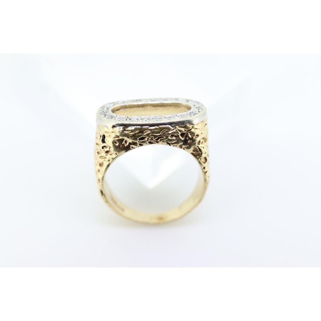 Women's or Men's 14k Diamond Flat signet ring. Diamond outline set into Signet travertine band.