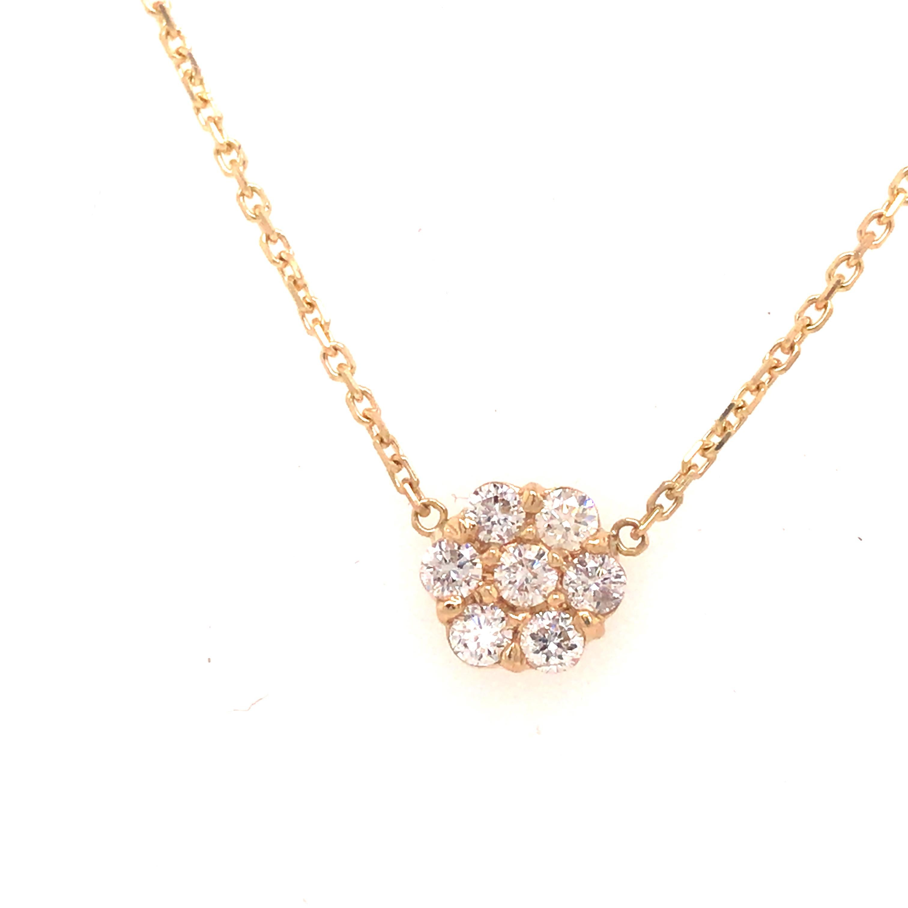 Round Cut 14K Diamond Flower Cluster Diamond by the Yard Necklace Yellow Gold For Sale