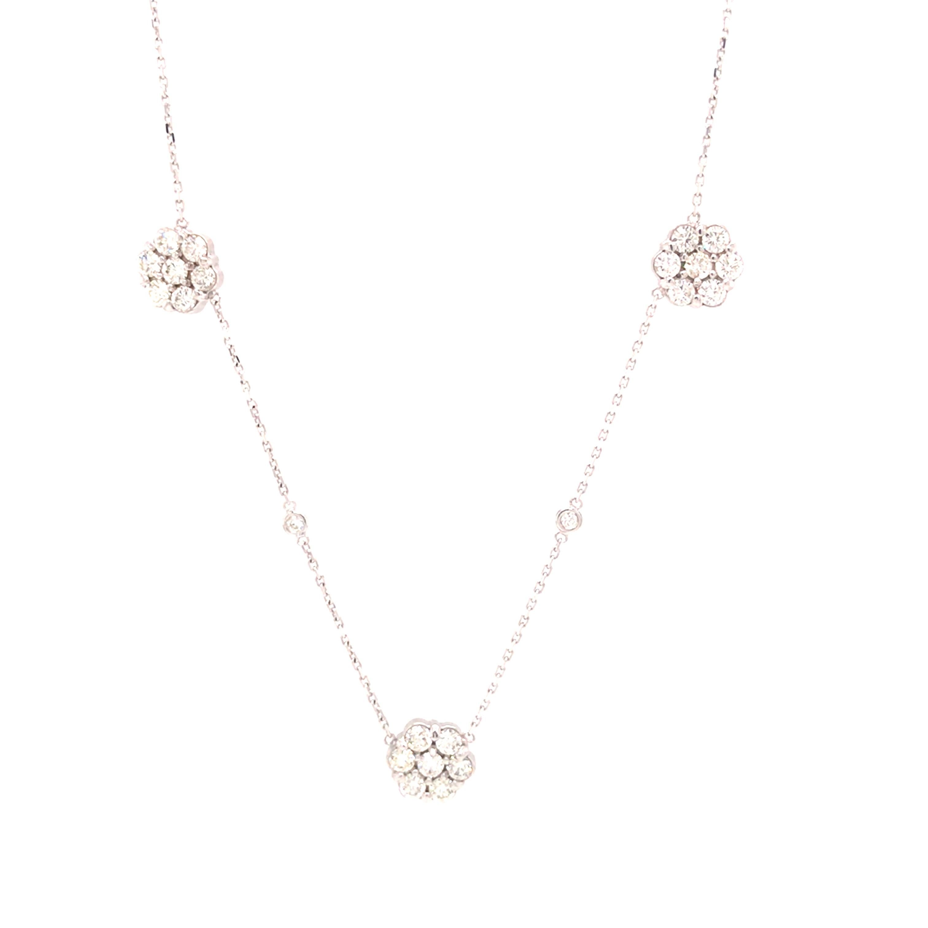 Round Cut 14K Diamond Flower Cluster Station Necklace White Gold