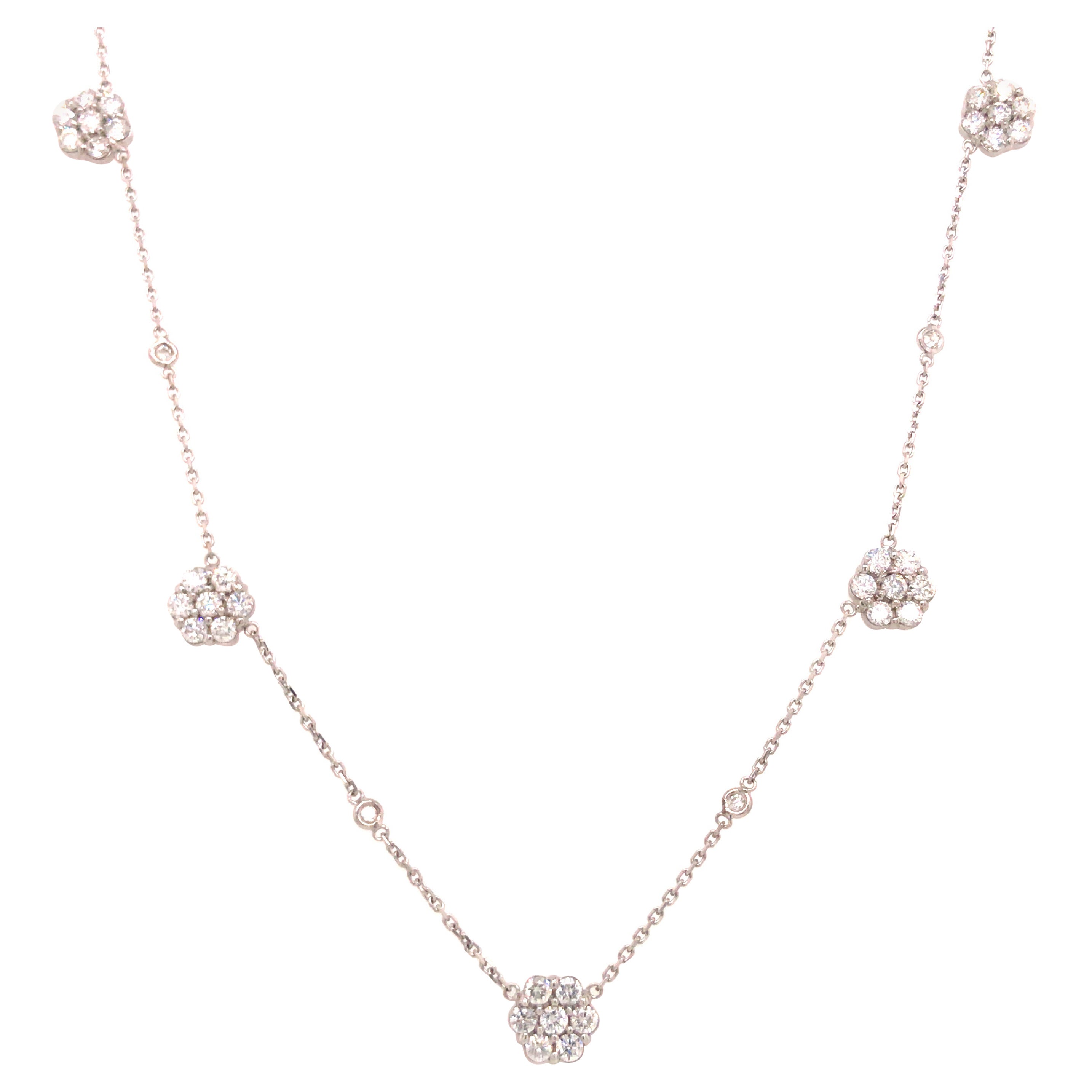 14K Diamond Flower Cluster Station Necklace White Gold