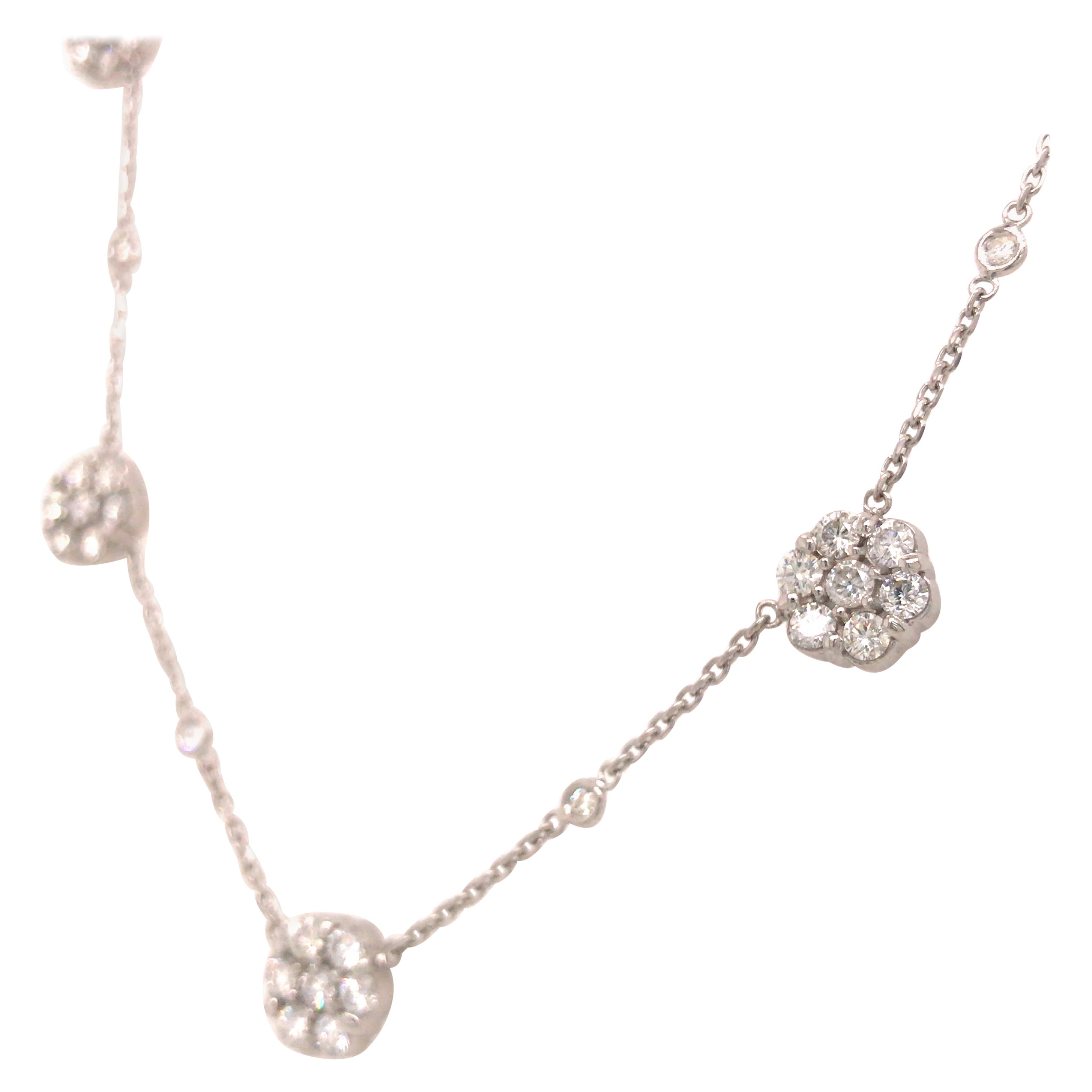 14K Diamond Flower Cluster Station Necklace White Gold